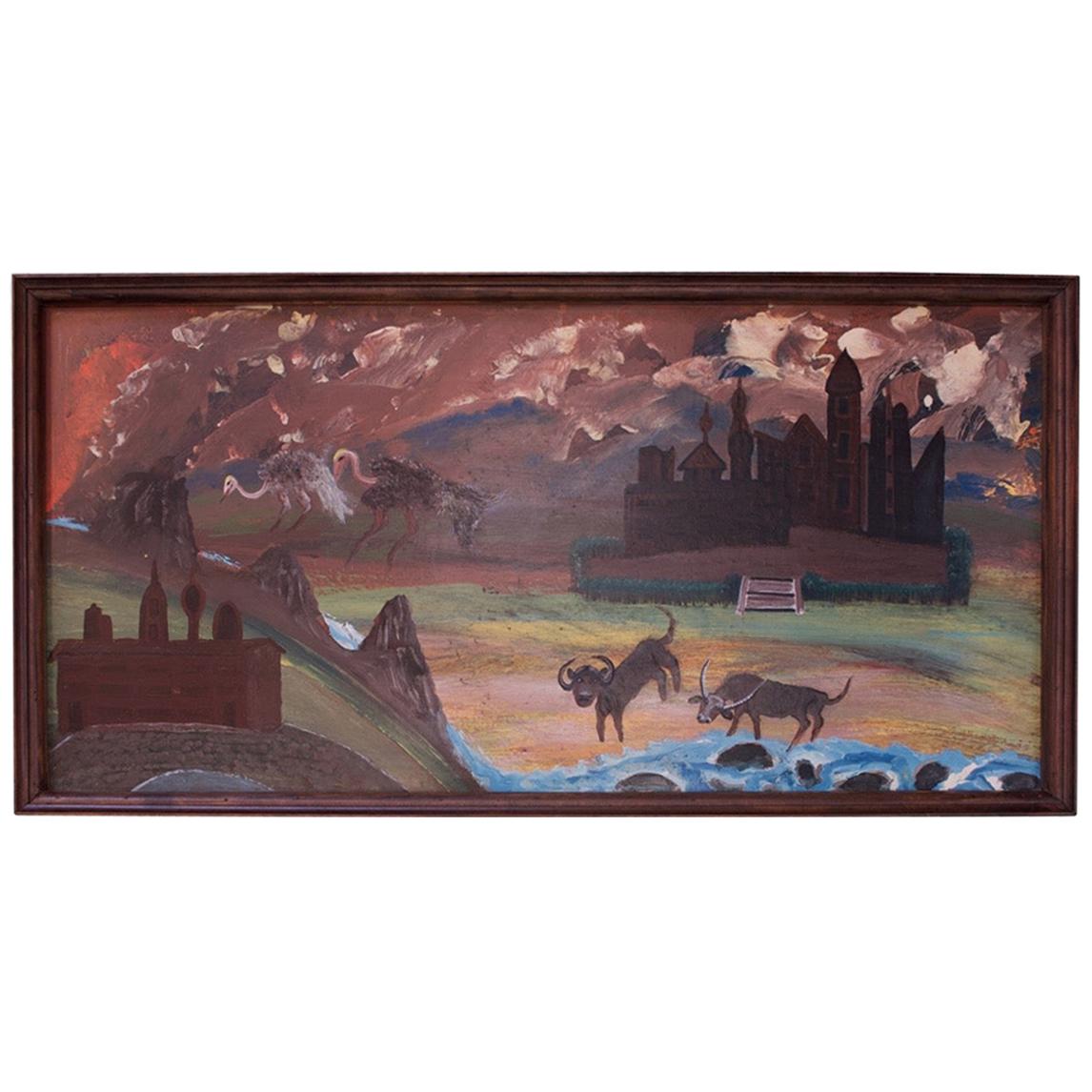 Outsider Art "Animals and Castles" Oil on Panel by Bruno Del Favero