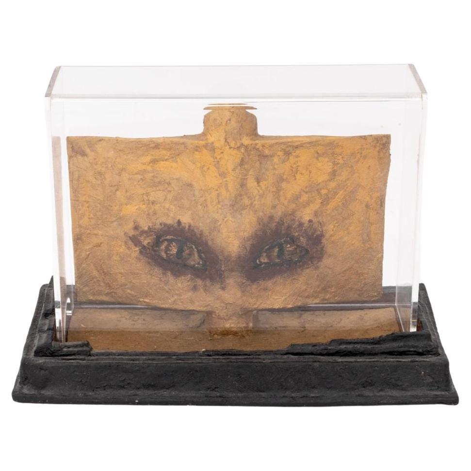 Gilt Painted Papier Mache Eyes Sculpture, Folk Art, Ebonized Base, USA