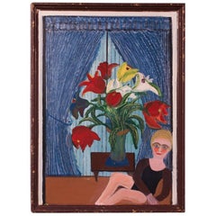 Outsider Art "Girl with Floral Arrangement" Acrylic on Panel by Bruno Del Favero