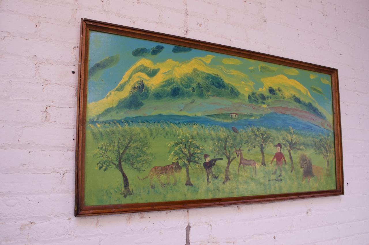 Öl und Acryl auf einer Tafel des bekannten Outsider-Künstlers Bruno Del Favero (geb. 1910 in Italien, gest. 1995 in den USA), um 1970.
Ein schönes Beispiel für Del Faveros Fähigkeit, Texturen zu überlagern und fantastische Landschaften zu schaffen.