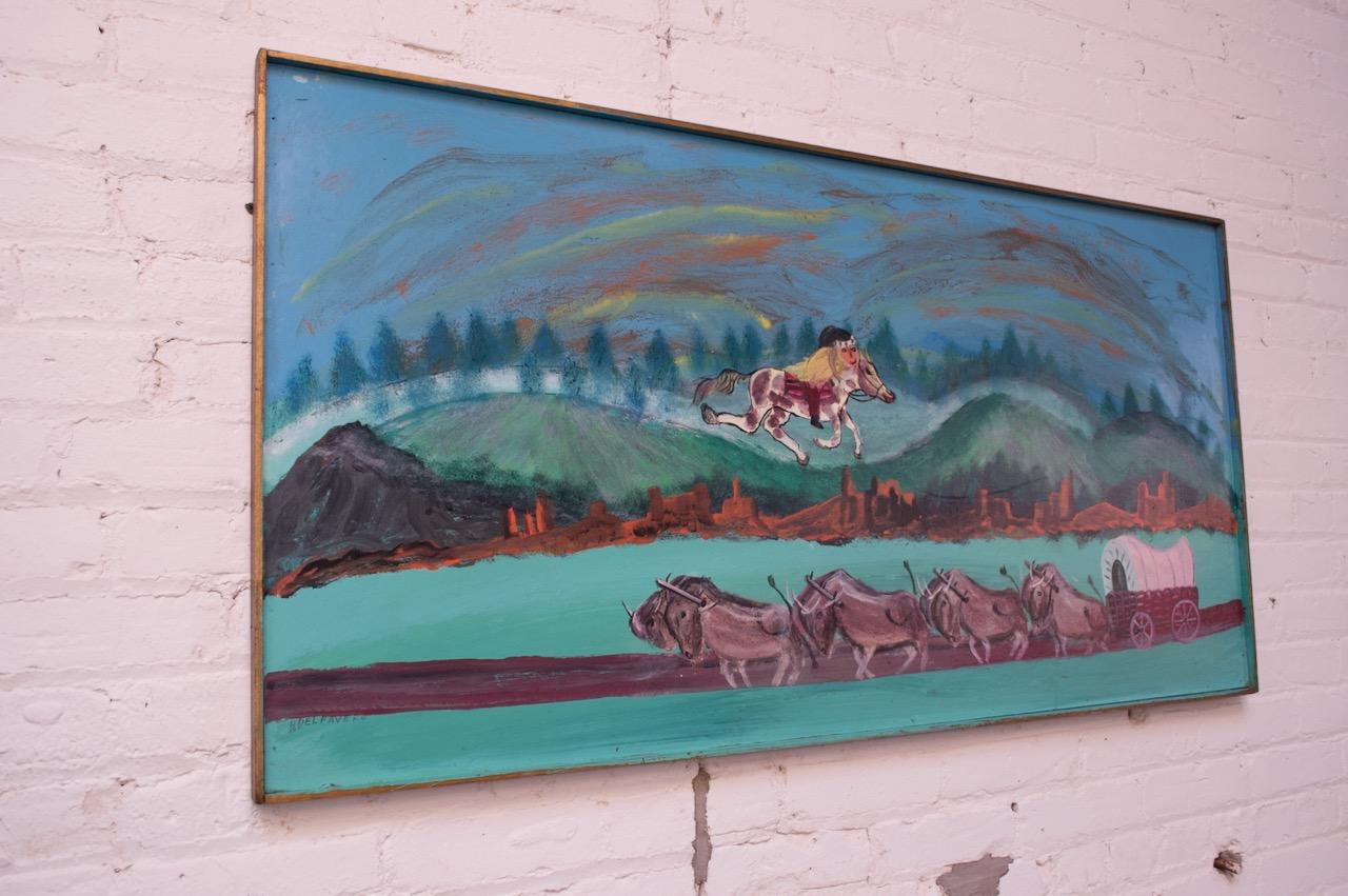 Oil on panel by acclaimed outsider artist, Bruno Del Favero (b. Italy 1910, d. USA 1995), circa 1970.
Fine example showcasing Del Favero's aptitude for creating fantastical landscapes. This example depicts a Native American on horseback above an