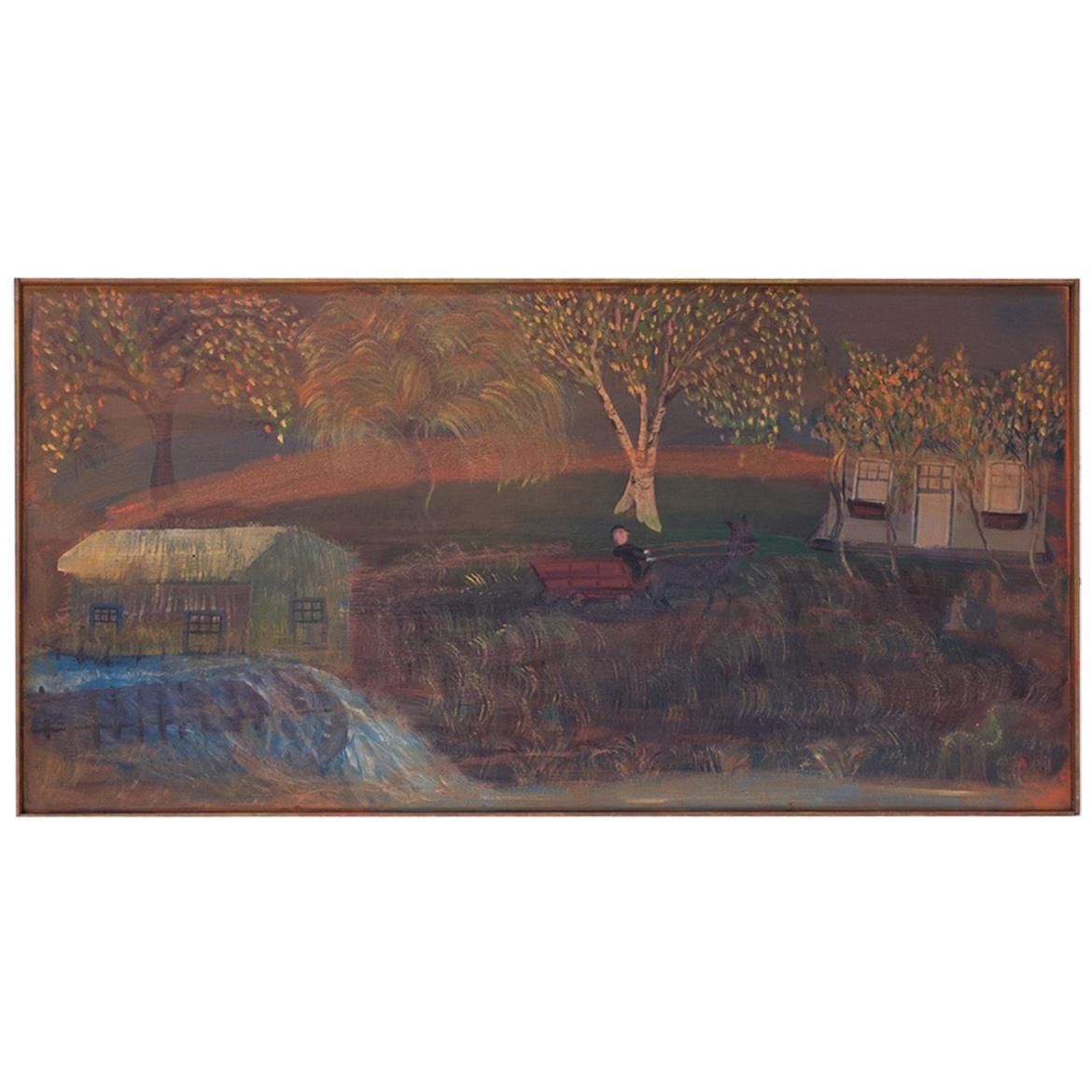 Outsider Art "Uomo in carrozza" Olio su pannello di Bruno Del Favero in vendita