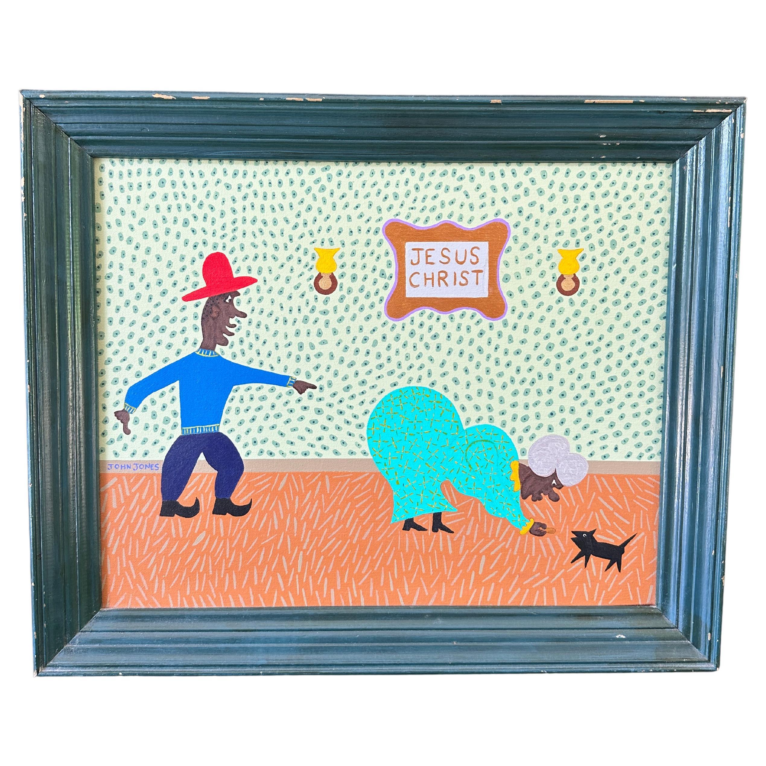 Outsider Art óleo sobre lienzo de John Jones titulado "El culo de la tía" en venta