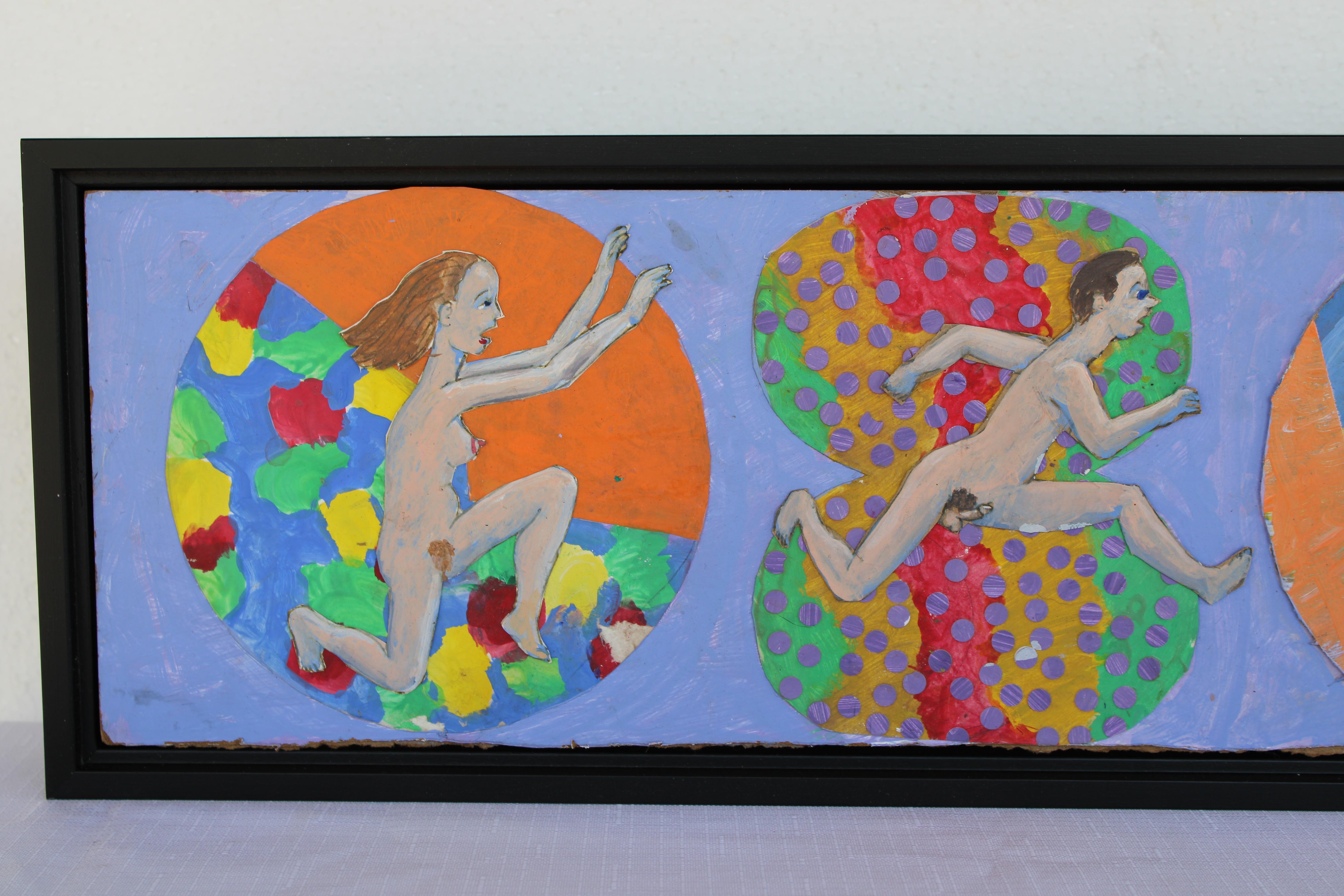 Pintura de arte outsider utilizando recortes de papel sobre tablero de masonita titulada Correr y saltar, 22-9-12 RRD.  El conjunto mide 33,25