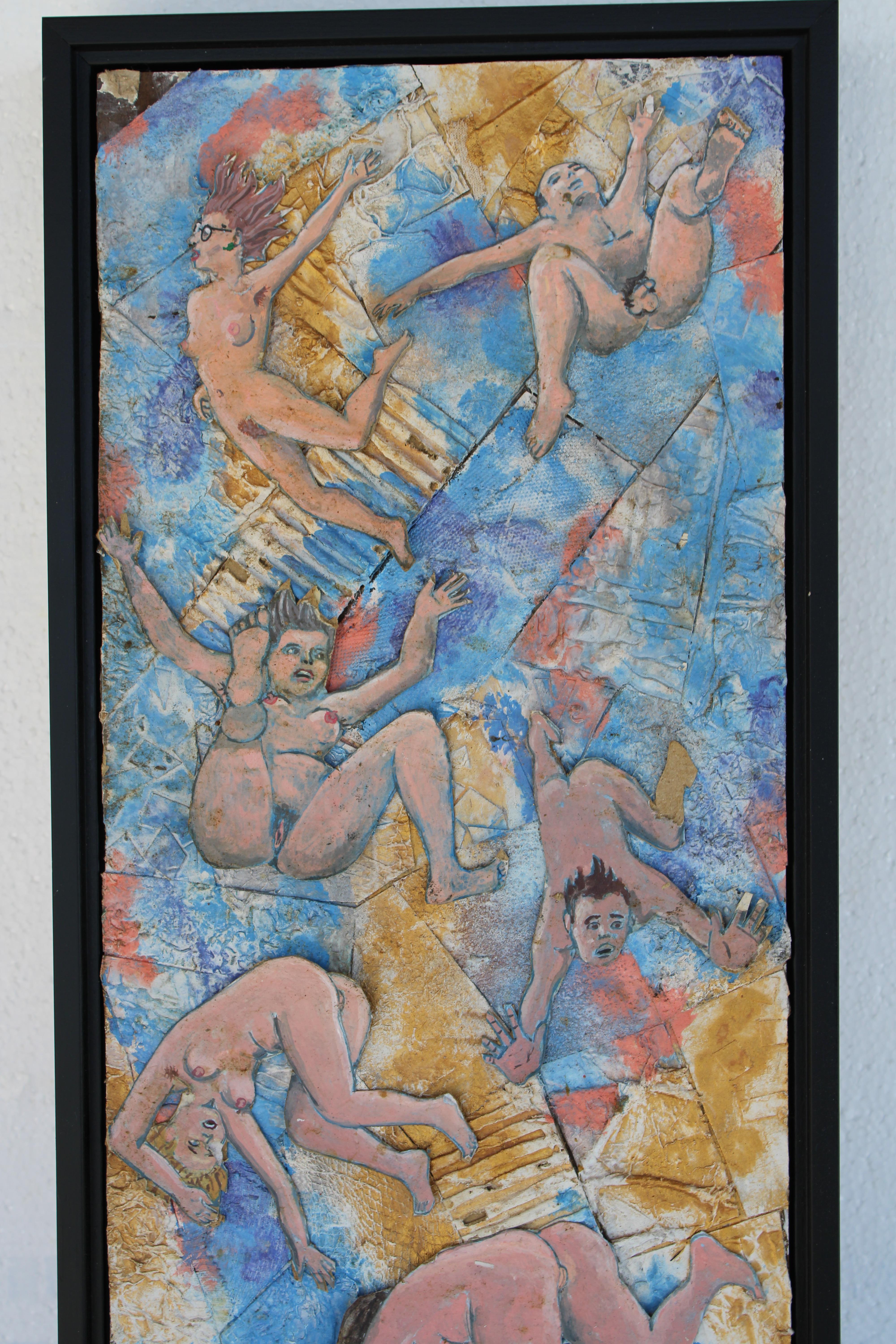 Peinture d'art brut utilisant des découpes de papier sur un panneau de masonite, intitulée The Descent, 8-7-10 RRD. L'assemblage mesure 9