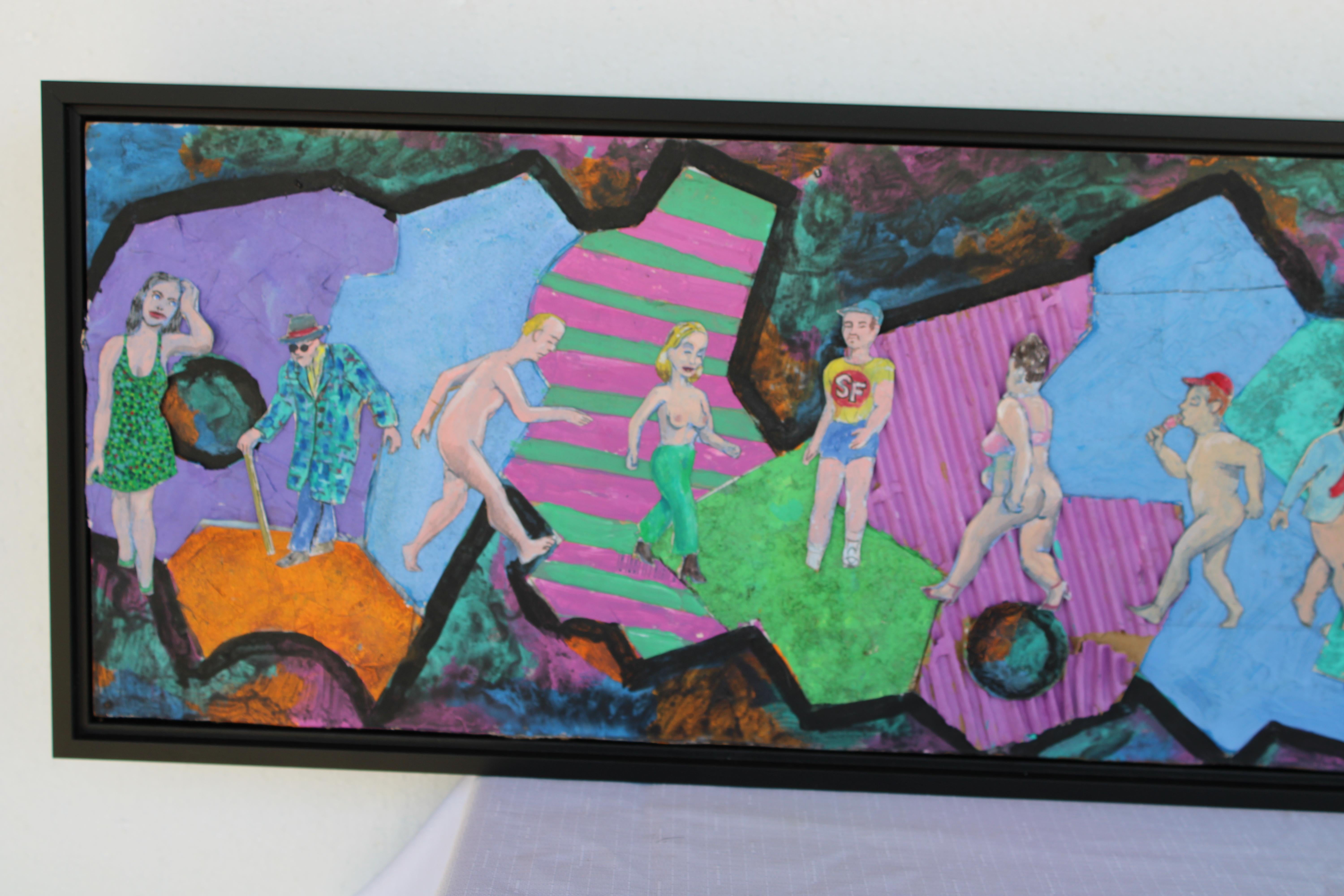 Pintura de arte outsider utilizando recortes de papel sobre tablero de masonita titulada Caminantes III, 8-4-11 RRD.  El conjunto mide 49,25