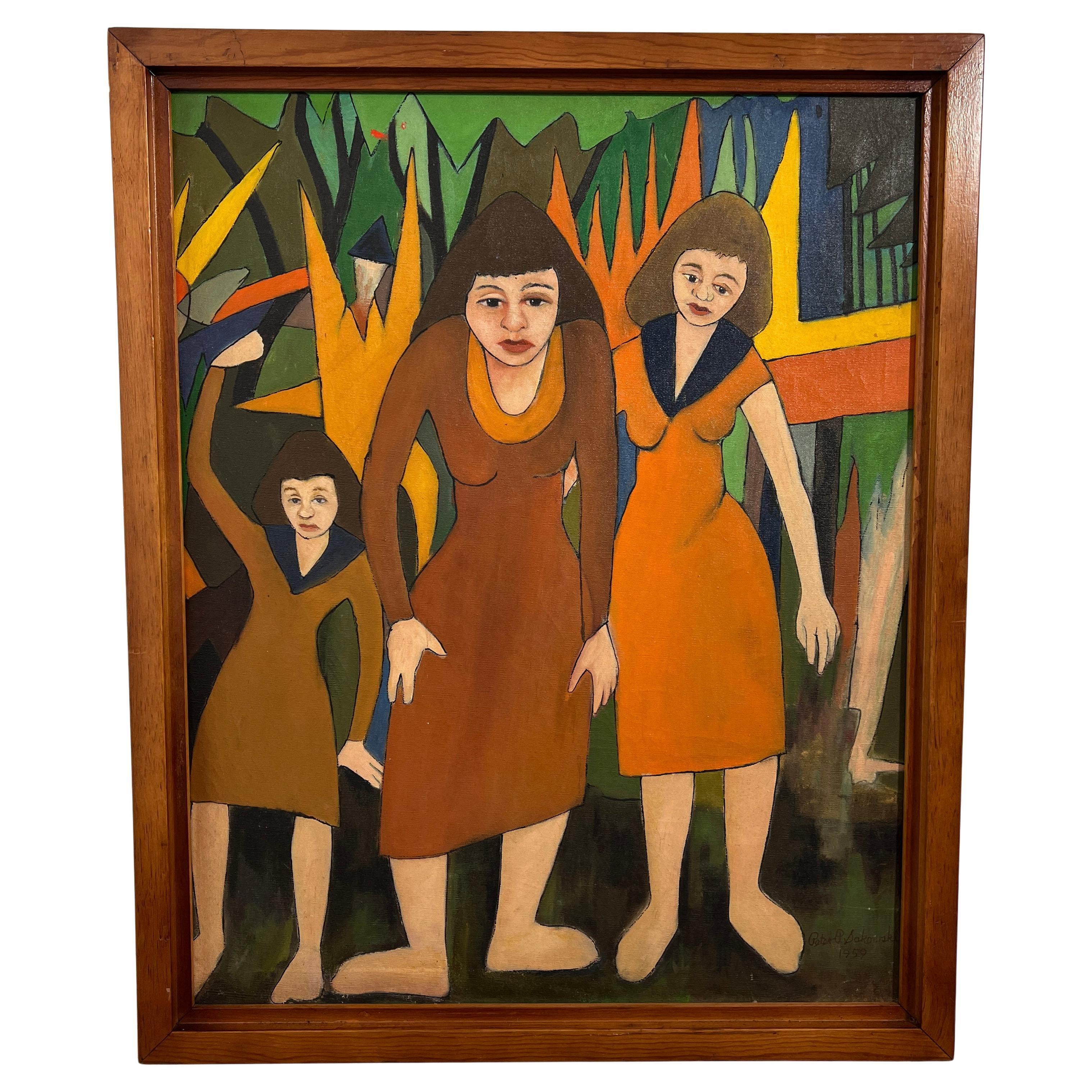 Outsider Folk Art Modernist Painting Dated 1959 by Peter Paul Sakowski For Sale