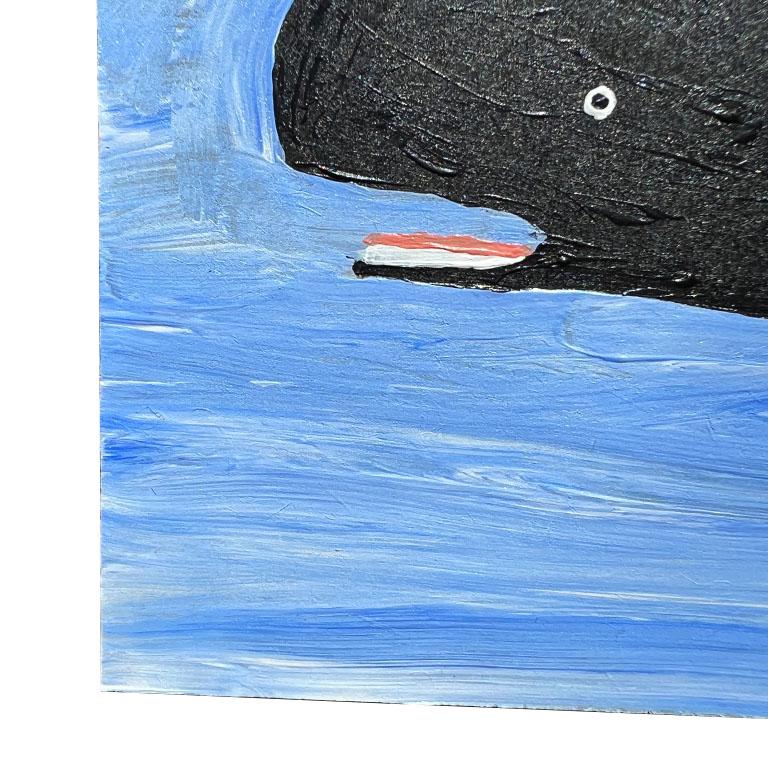 American Outsider Painting in Acrylic of a Humpback Whale on Blue For Sale