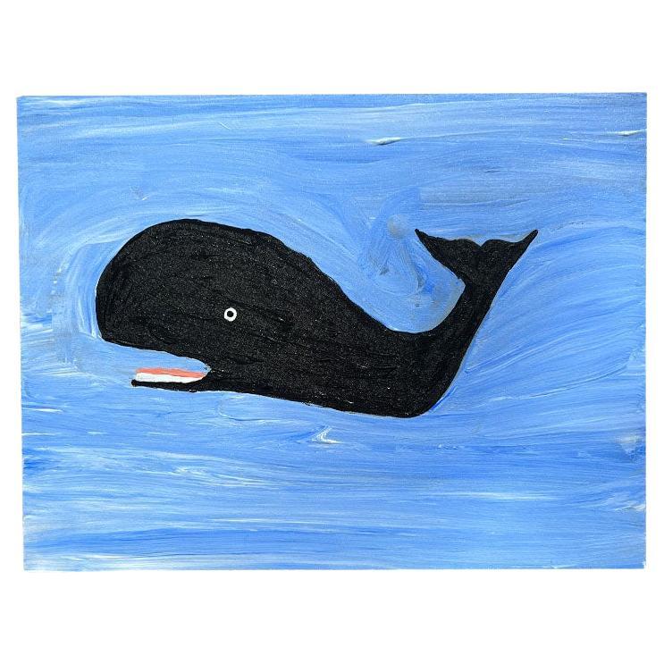 Outsider Painting in Acrylic of a Humpback Whale on Blue For Sale