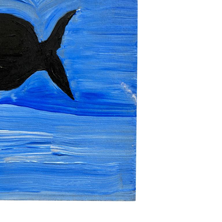 This is a great example of outsider art. This painting of a sperm whale is painted on a masonite board. At the center is a black sperm whale with an open mouth. It is painted on a variety of blue acrylic. This piece is unsigned and the artist is