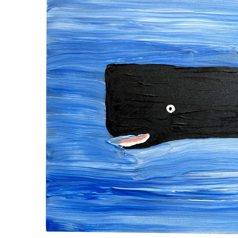 American Outsider Painting in Acrylic of a Sperm Whale on Blue