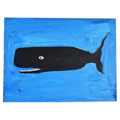 Vintage Outsider Painting in Acrylic of A Sperm Whale on Blue