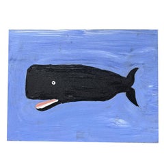 Vintage Outsider Painting in Acrylic of a Sperm Whale on Blue