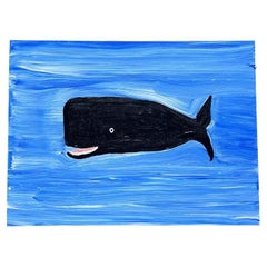 Outsider Painting in Acrylic of a Sperm Whale on Blue