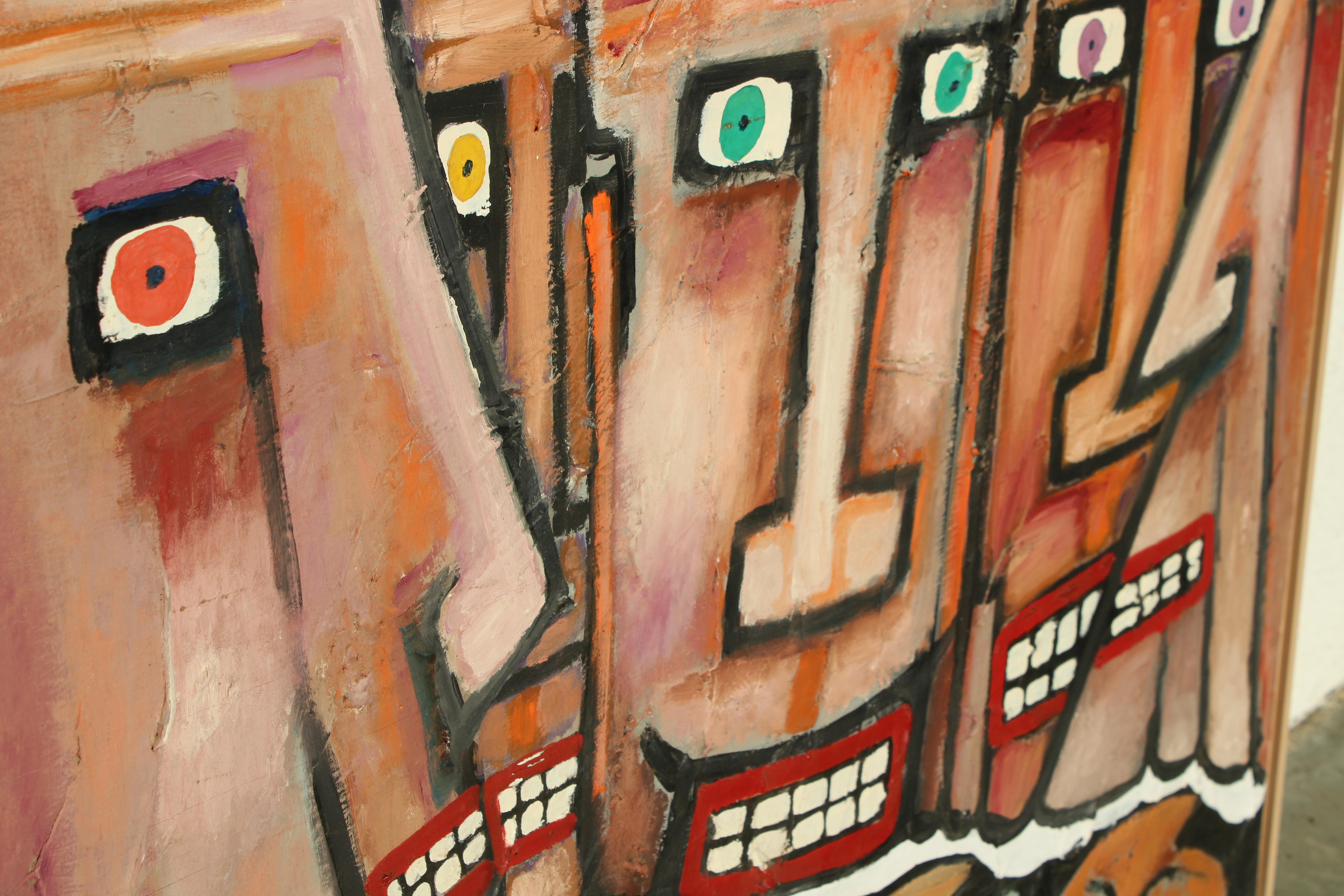 Bohemian Outsider Painting of Abstract Faces by Peter L. Sword For Sale
