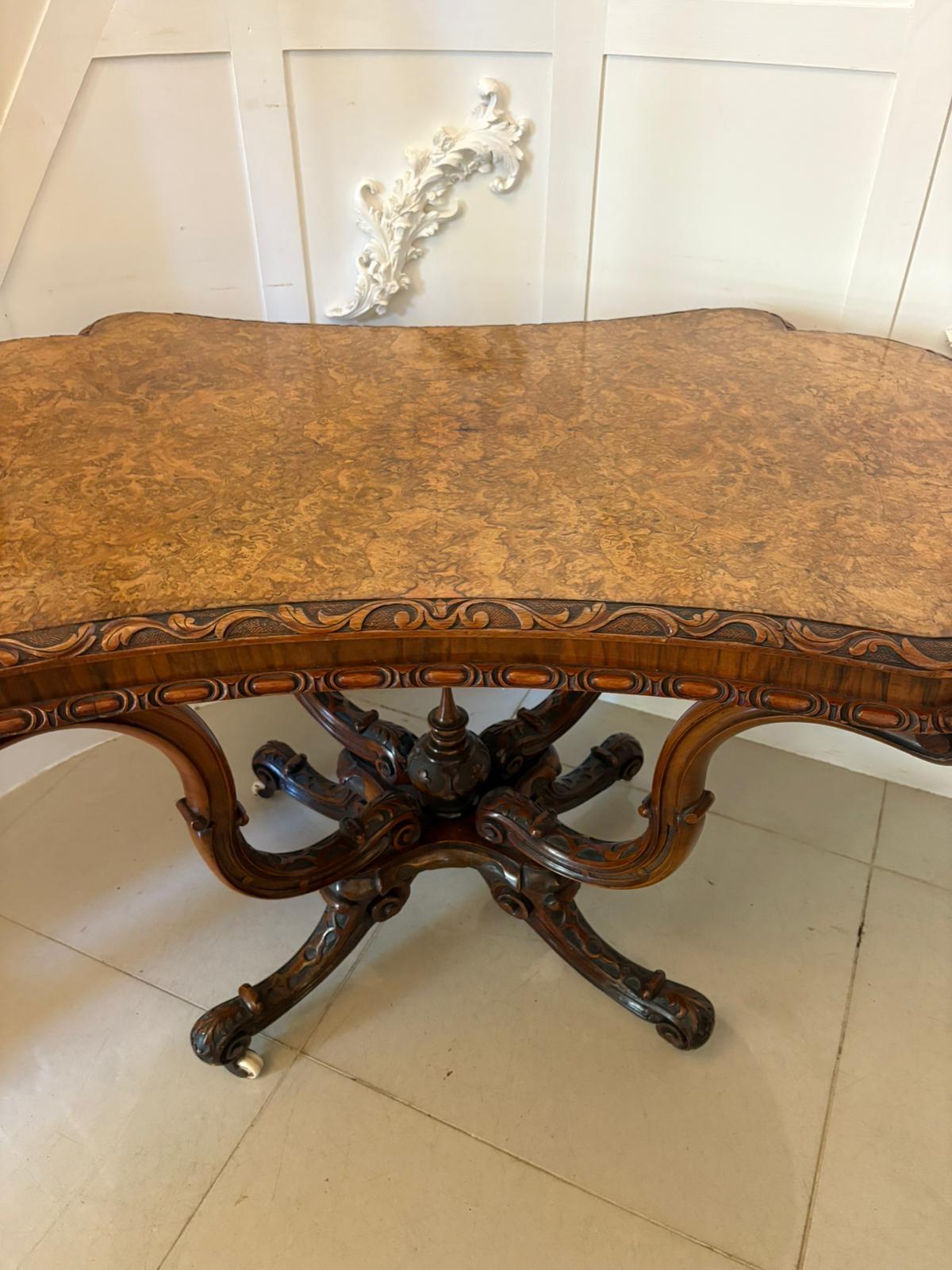 English Outstanding Quality Antique Victorian Carved Burr Walnut Centre Table For Sale