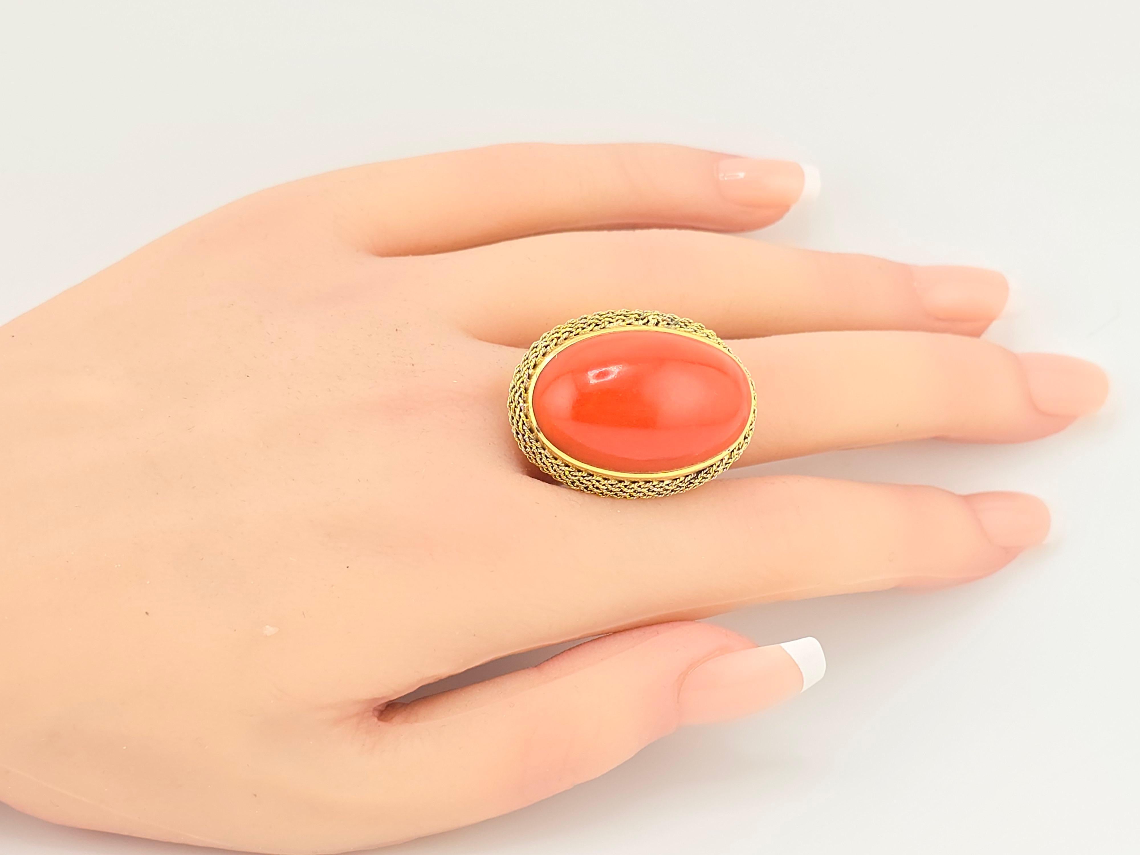 Oval Cut Outstanding 18K Yellow Gold Deep Red Coral Ring With Massive Coral Gem