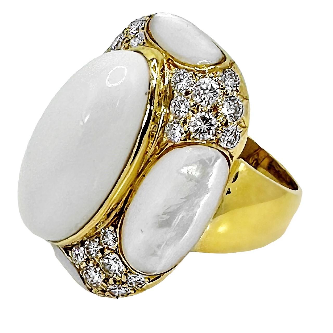 Brilliant Cut Outstanding 18k Yellow Gold, White Onyx, M.O.P. & Diamond Ring by Albert Lipten For Sale