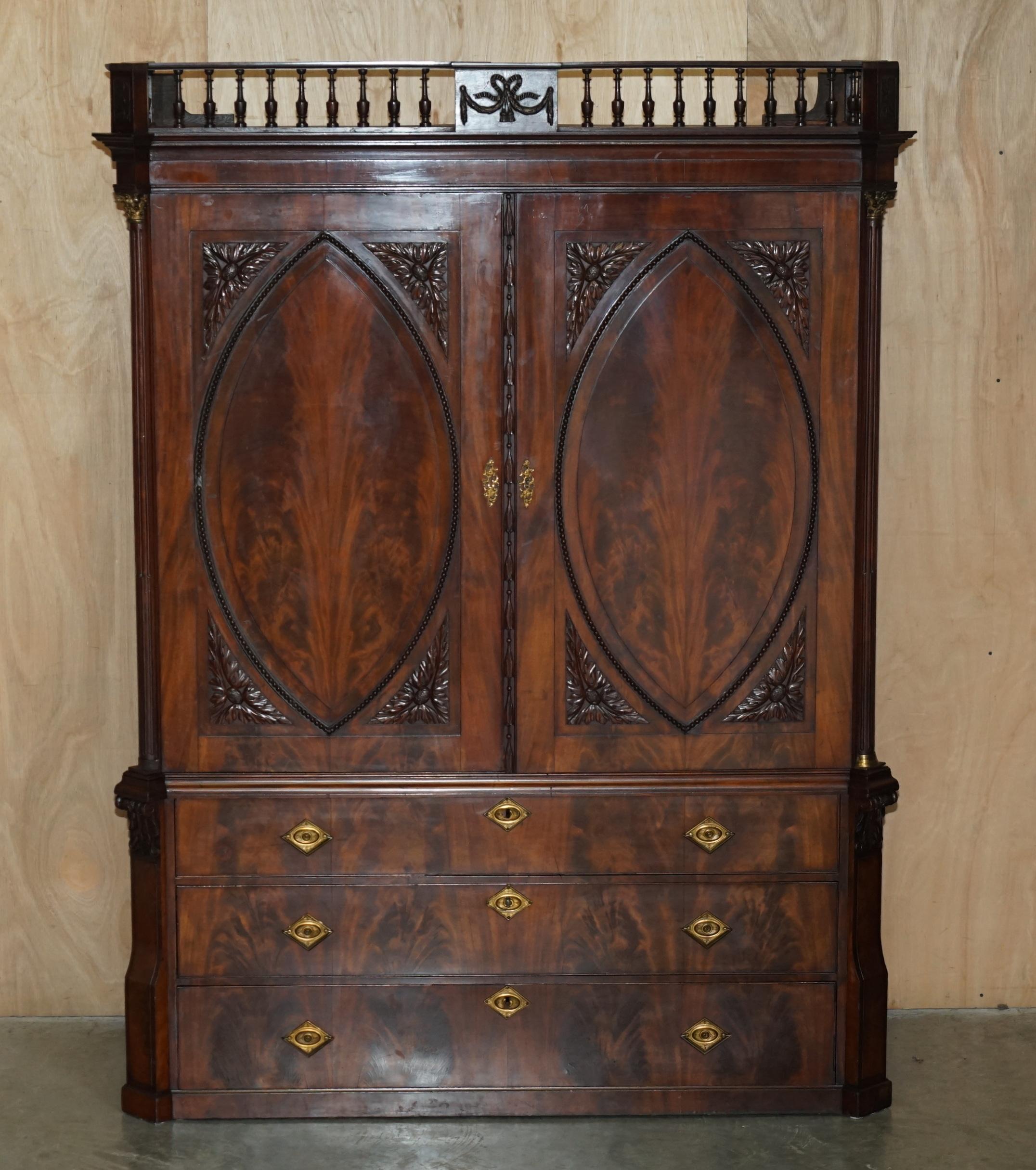 Royal House Antiques

Royal House Antiques is delighted to offer for sale this outstanding Georgian circa 1760 Flamed Mahogany Wardrobe or Linen press made during the lifetime of the great Thomas Chippendale and after his designs  

Please note the