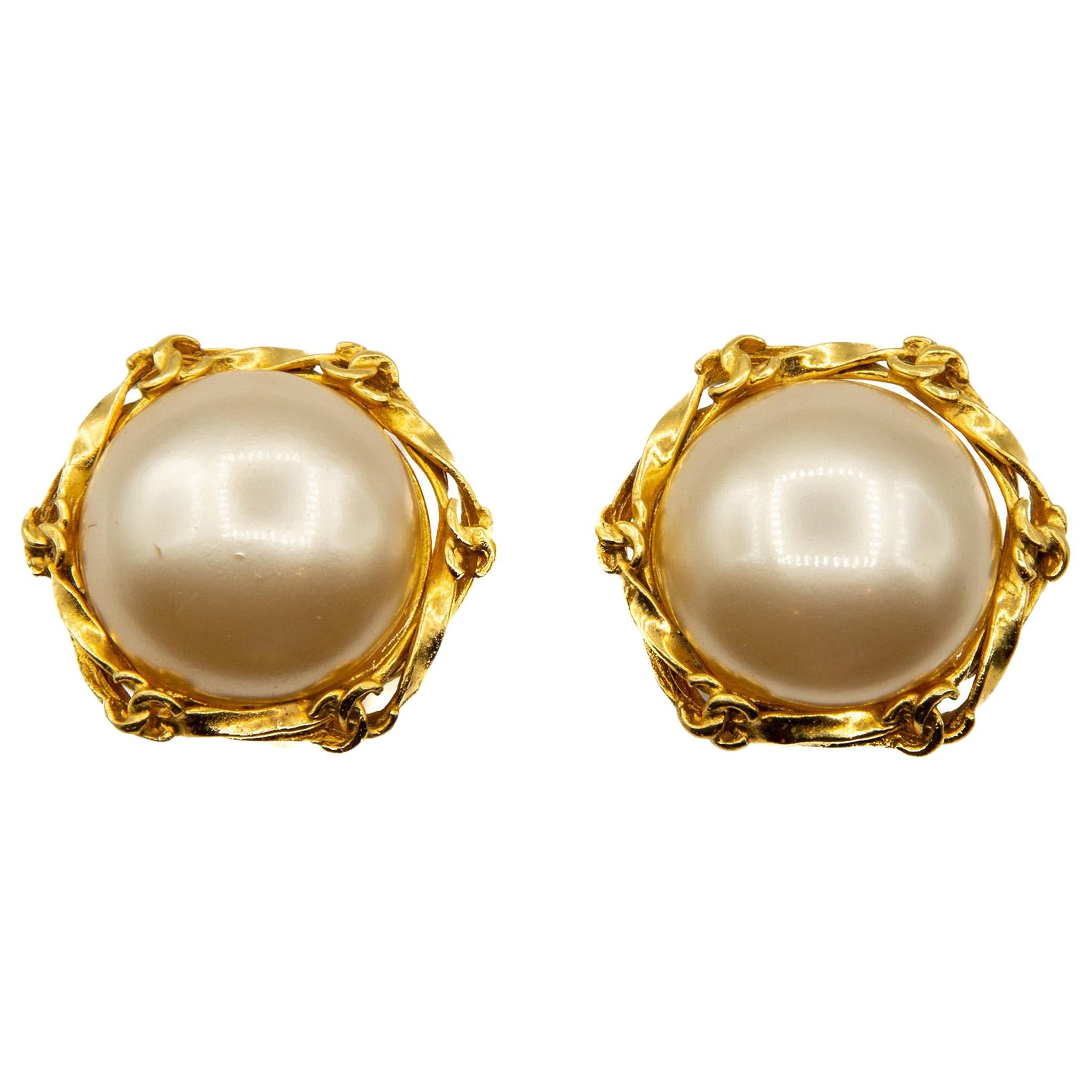 1995 Faux Pearl and Gilt Metal Clip-on Earrings For Sale