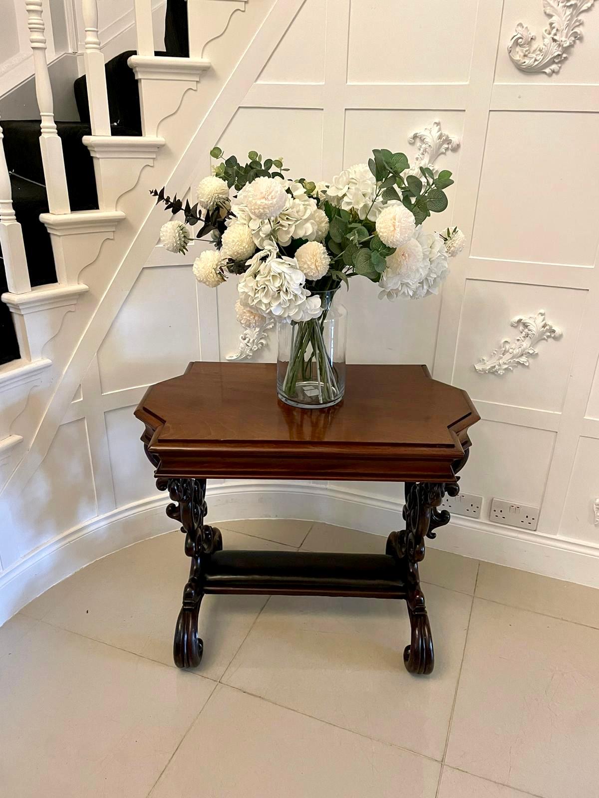 Outstanding quality 19th century antique carved mahogany freestanding centre/side table with an attractive shaped top with fitted drawer to the shaped frieze. It has fabulous elaborately carved scroll supports and stands on elegant carved scroll