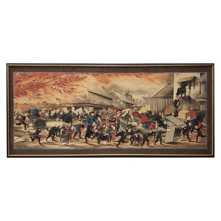 Outstanding 19th Century "Great Japanese Fire" Original Watercolor Painting For Sale