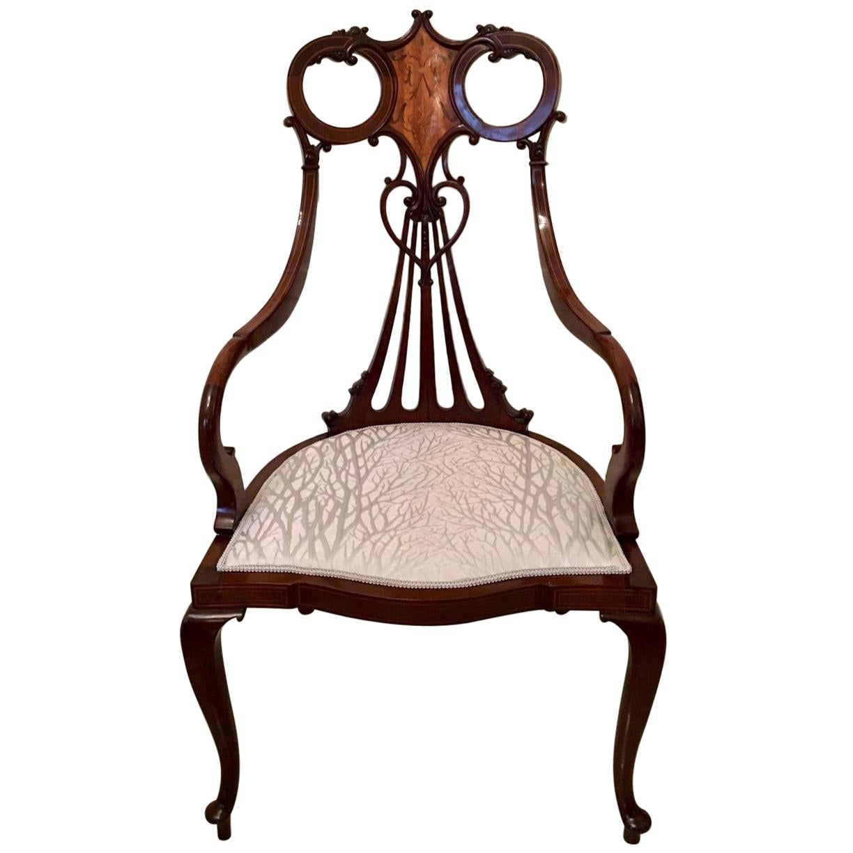 Magnifique fauteuil victorien ancien du 19ème siècle en acajou incrusté