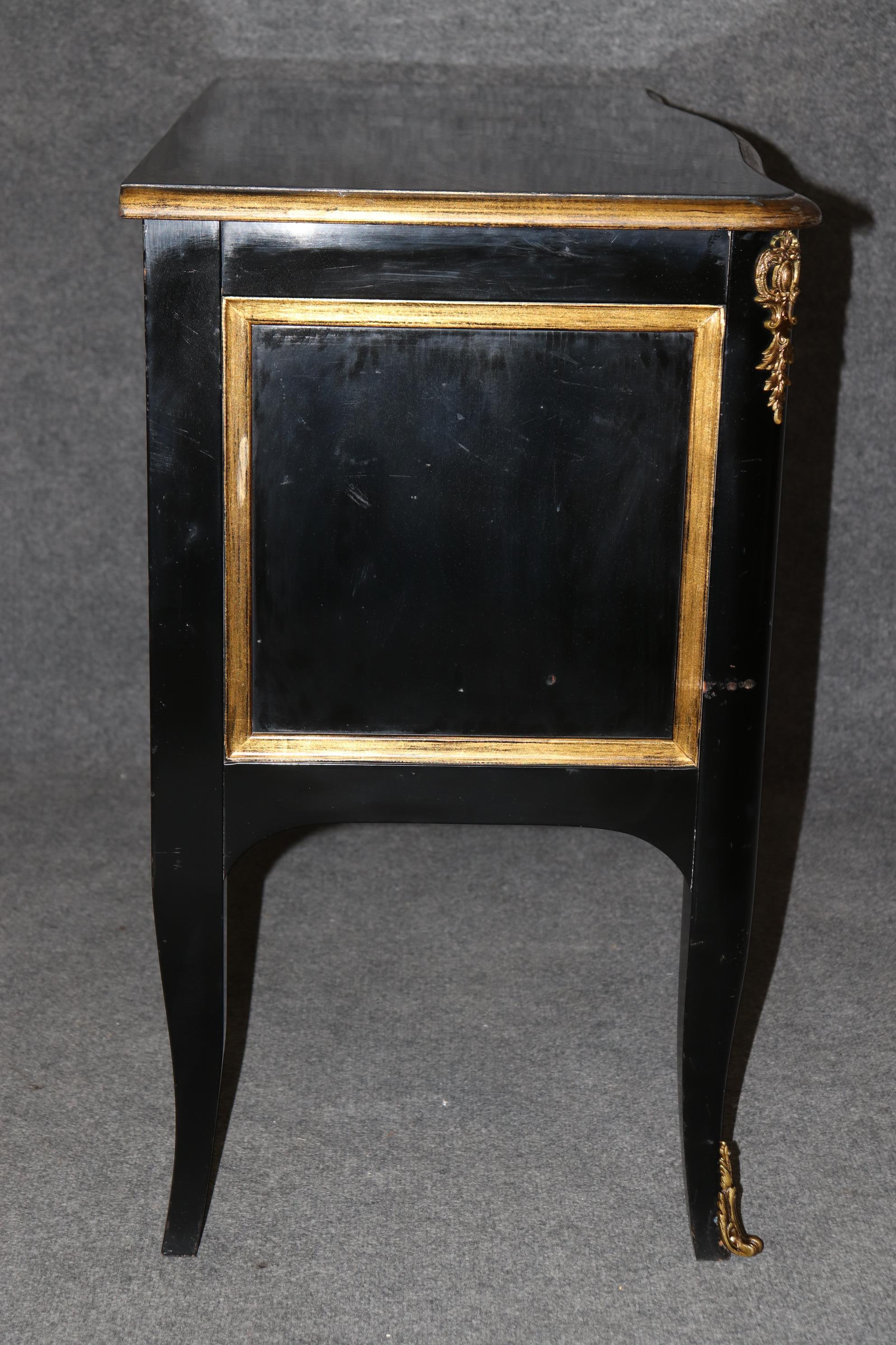 Outstanding 2 Drawer Gold Leaf French Louis XV Style Ebonized Commode  5