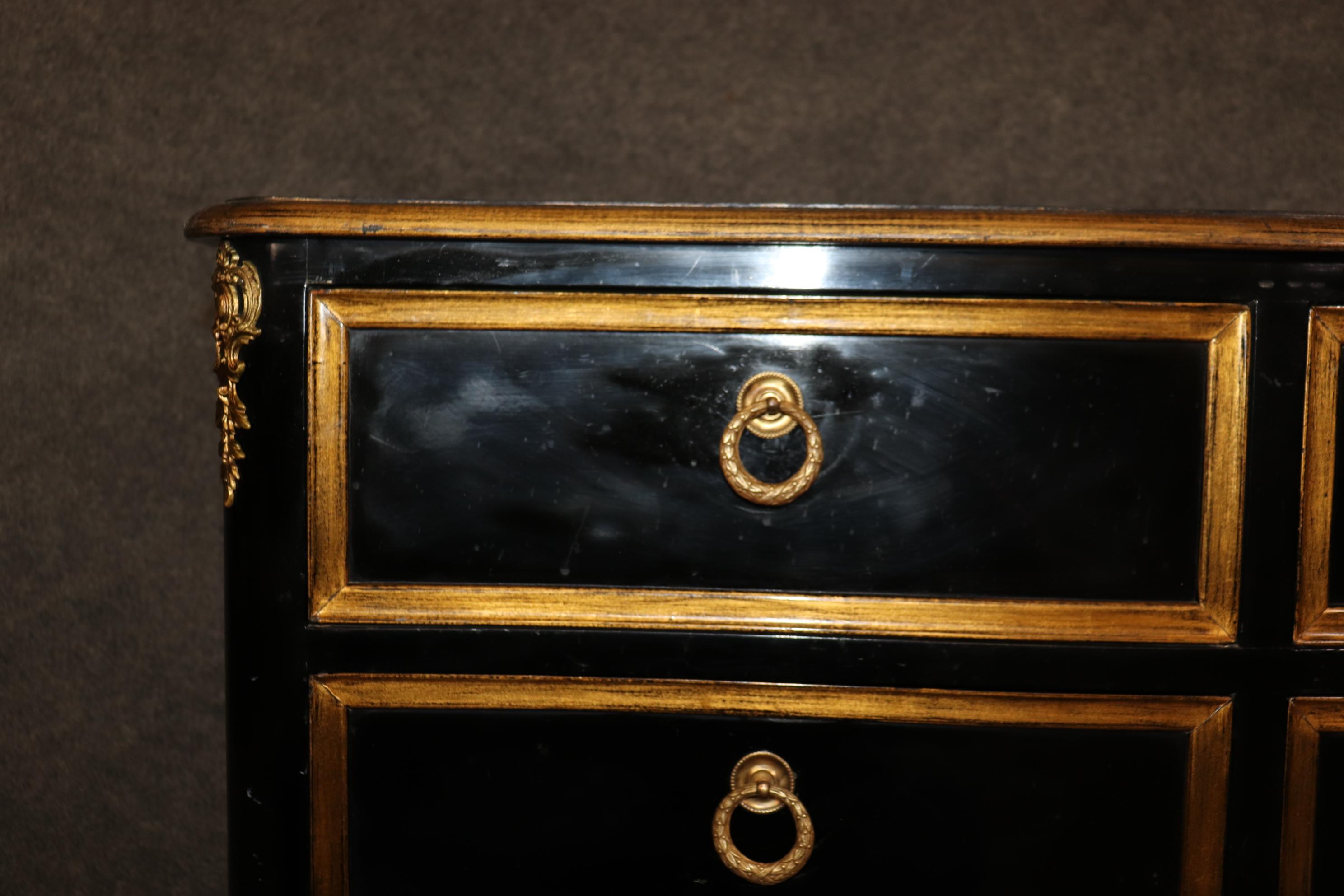Outstanding 2 Drawer Gold Leaf French Louis XV Style Ebonized Commode  8