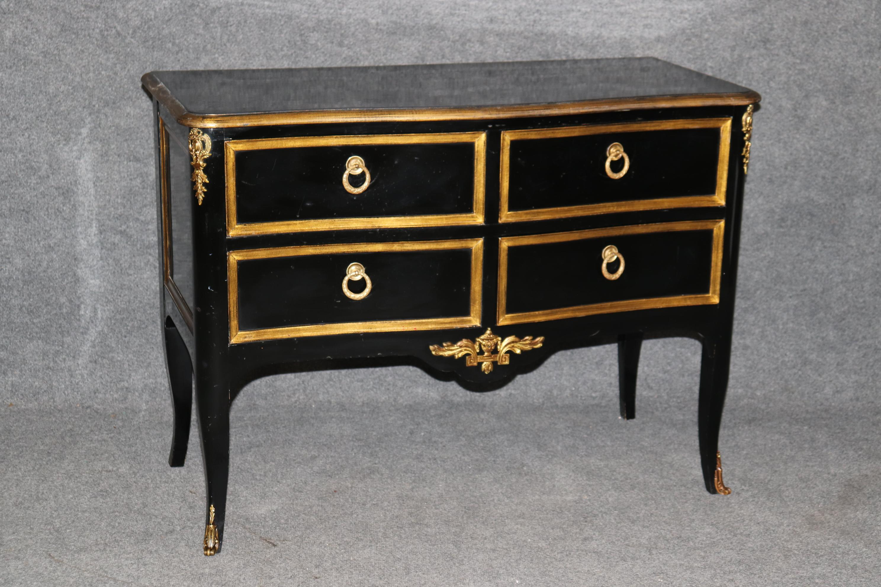 American Outstanding 2 Drawer Gold Leaf French Louis XV Style Ebonized Commode 