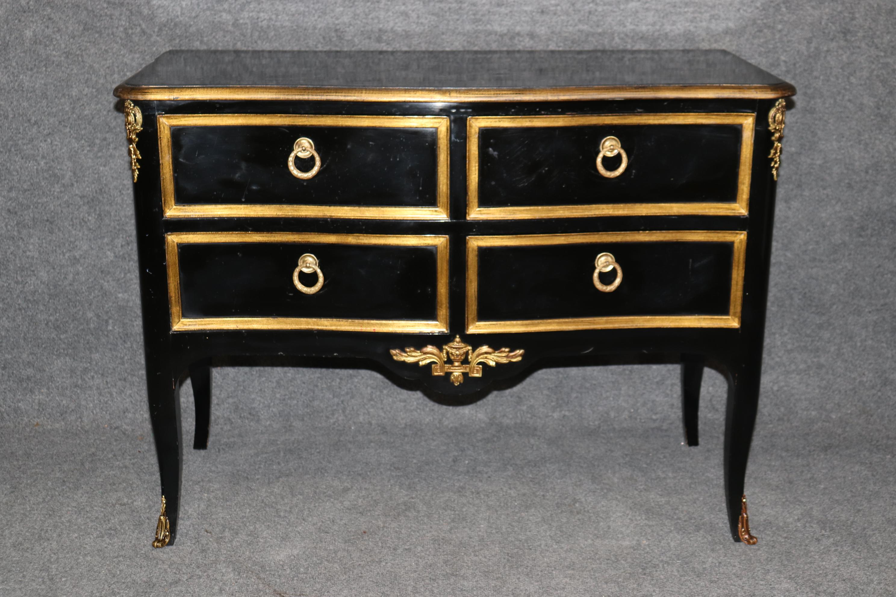 Outstanding 2 Drawer Gold Leaf French Louis XV Style Ebonized Commode  1