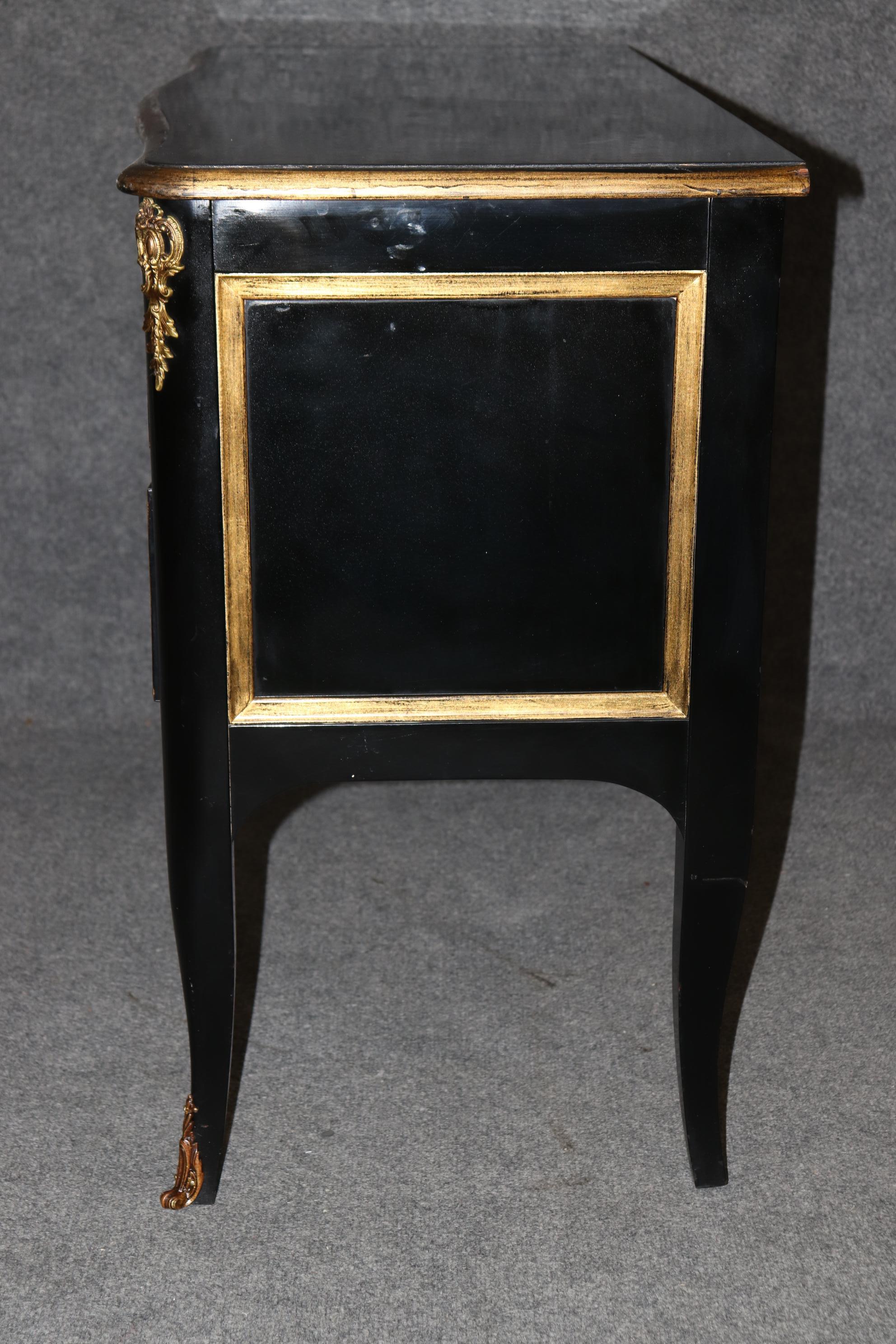 Outstanding 2 Drawer Gold Leaf French Louis XV Style Ebonized Commode  3