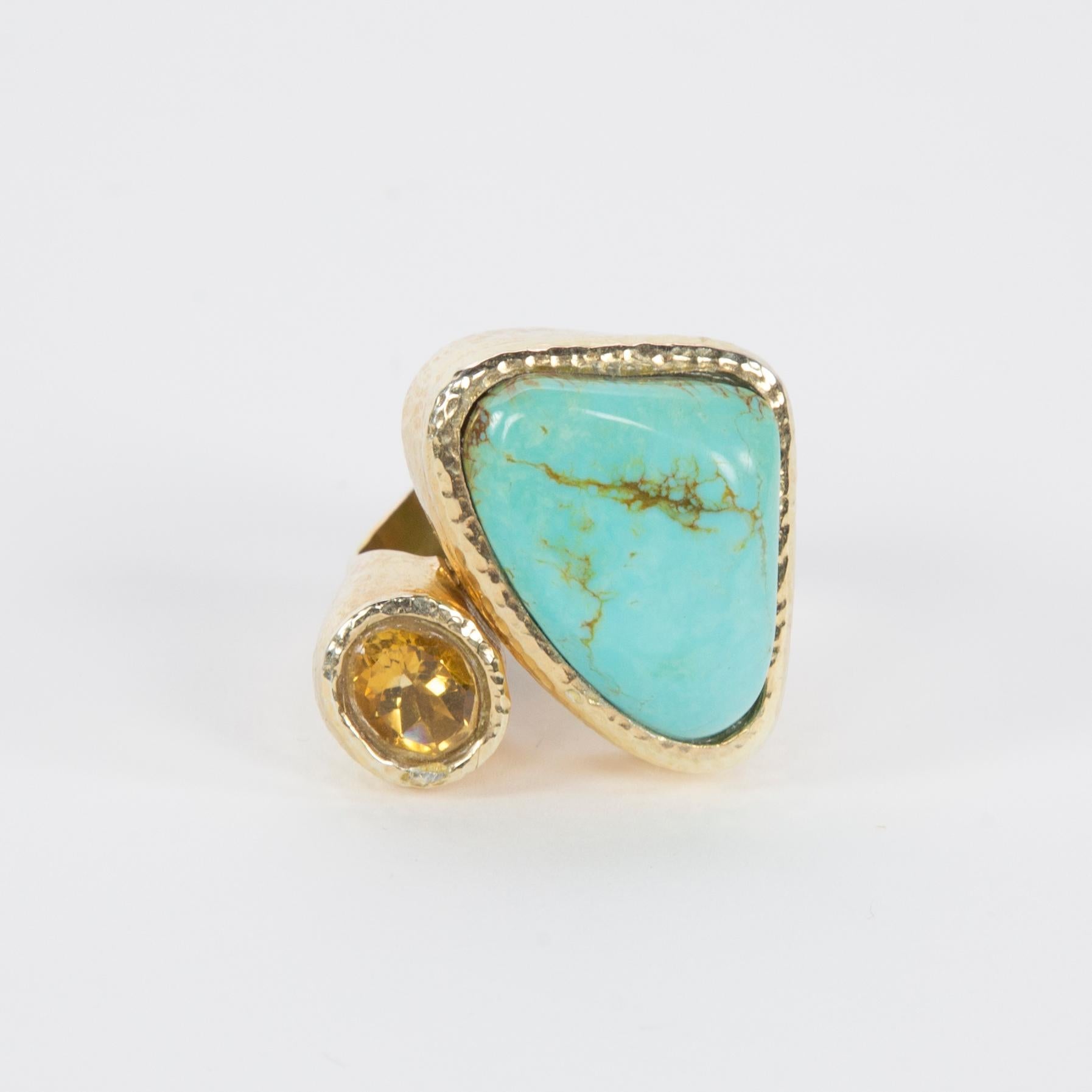 Modern Outstanding 45 Carat Turquoise and Citrine Gilt Sterling Silver Statement Ring