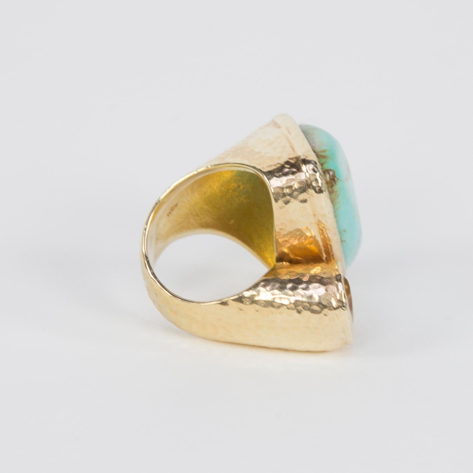 Outstanding 45 Carat Turquoise and Citrine Gilt Sterling Silver Statement Ring In New Condition In Montreal, QC