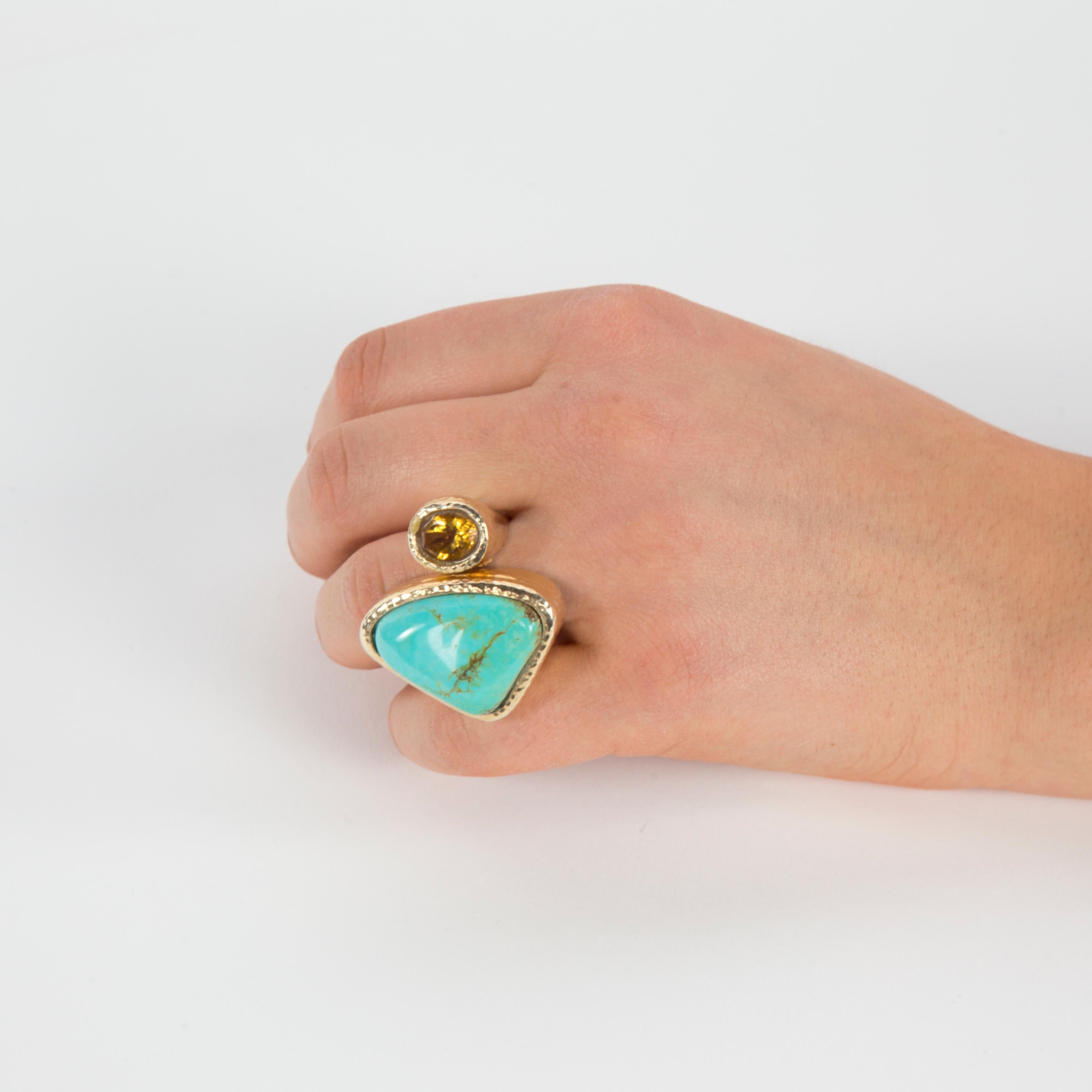 Women's Outstanding 45 Carat Turquoise and Citrine Gilt Sterling Silver Statement Ring