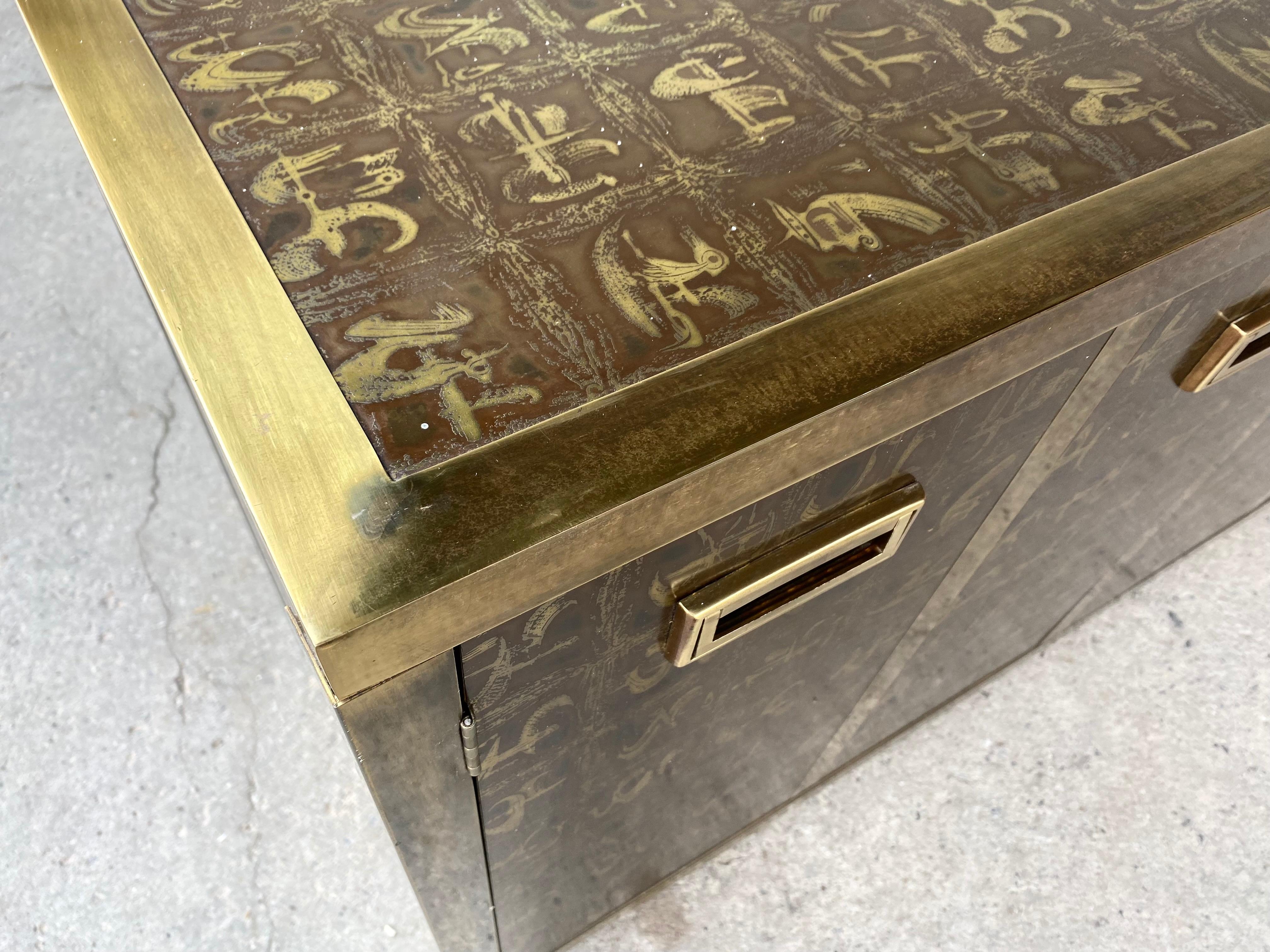 American Outstanding Acid Etched Brass Cabinet by Bernard Rohne for Mastercraft