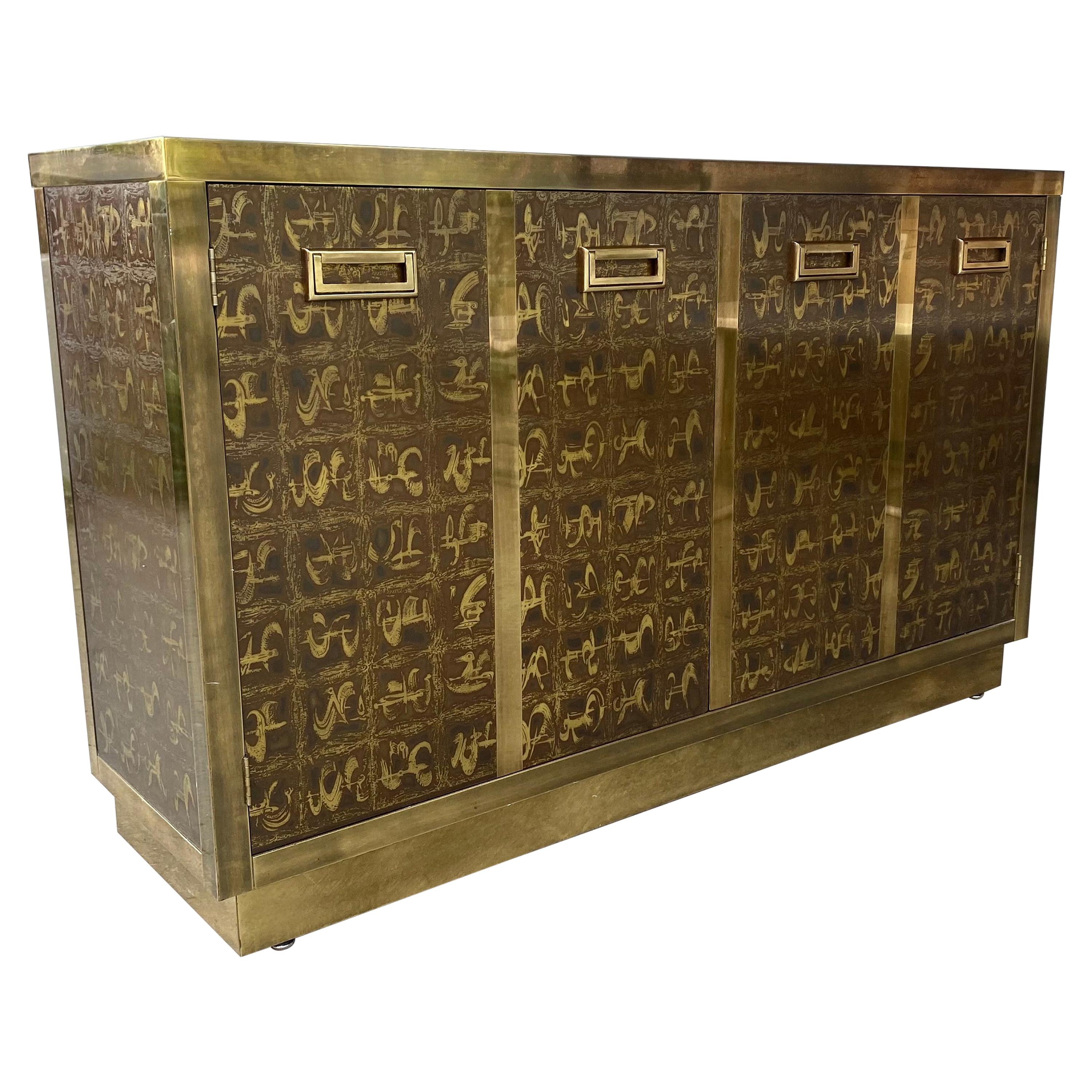 Outstanding Acid Etched Brass Cabinet by Bernard Rohne for Mastercraft