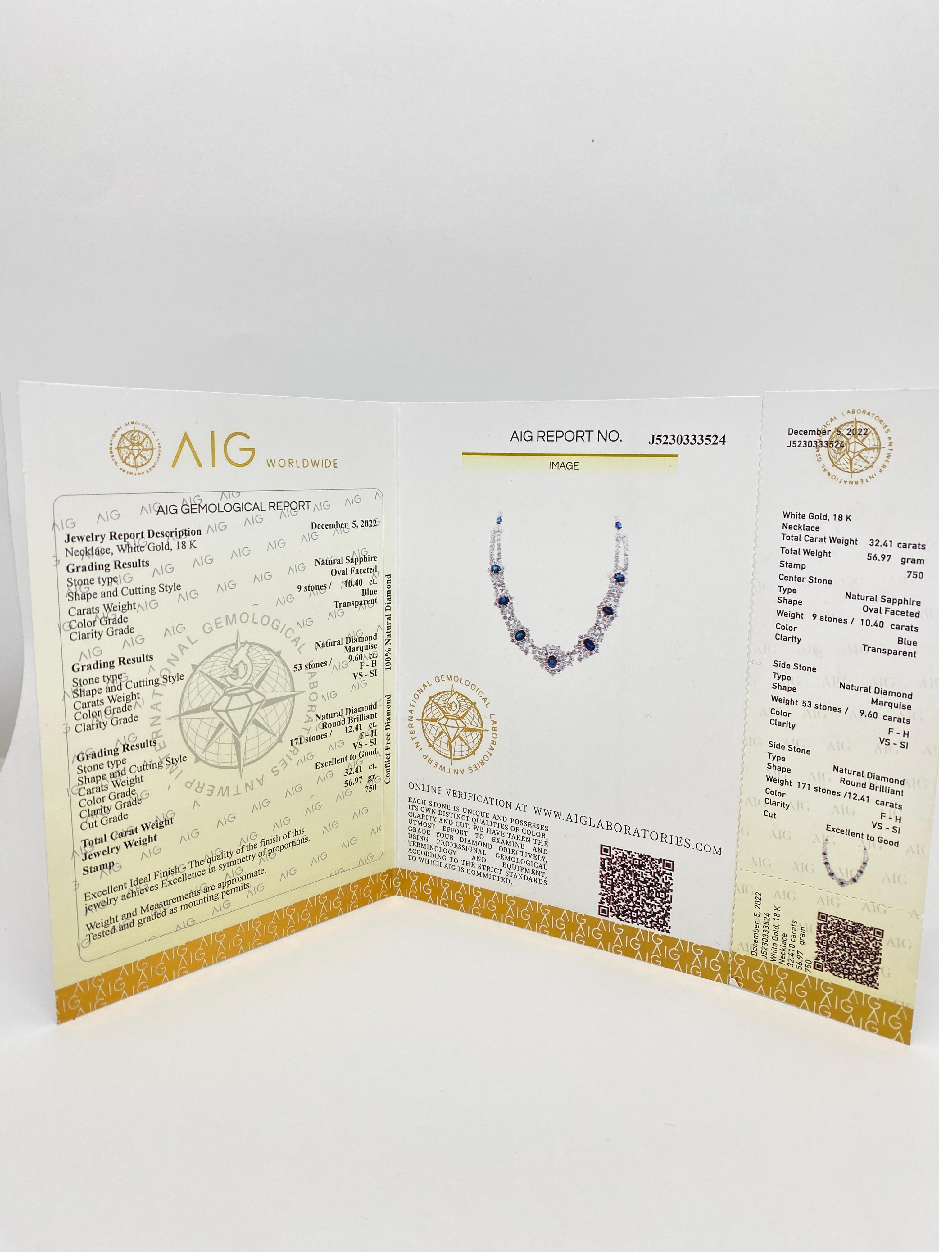 Hervorragende AIG 18Kt Halskette mit 22,01 Karat weißen Diamanten und 10,40 Karat blauen Saphiren 6