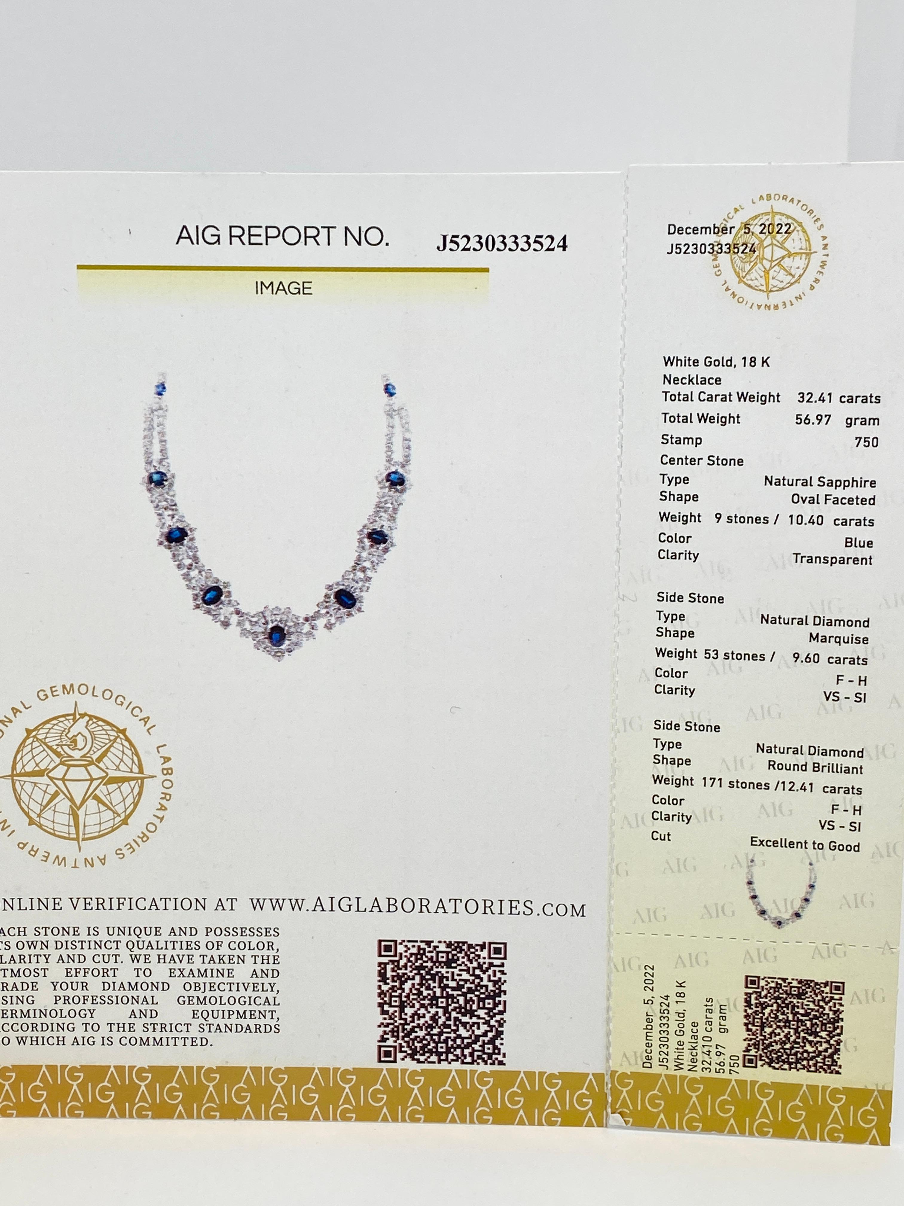 Hervorragende AIG 18Kt Halskette mit 22,01 Karat weißen Diamanten und 10,40 Karat blauen Saphiren 8