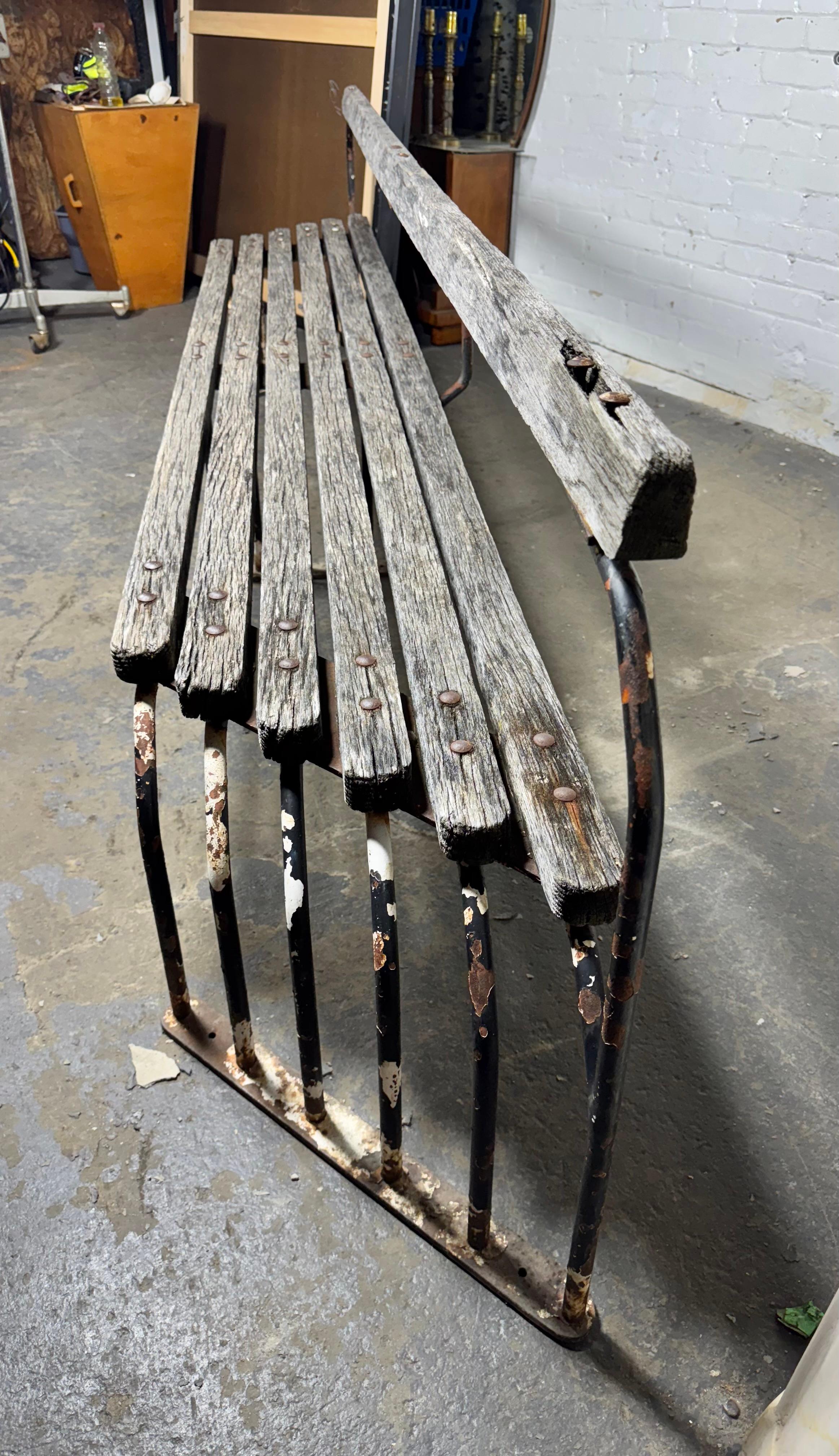 Outstanding  American Art Deco / Machine Age Oak and Iron oUTDOOR Bench 4