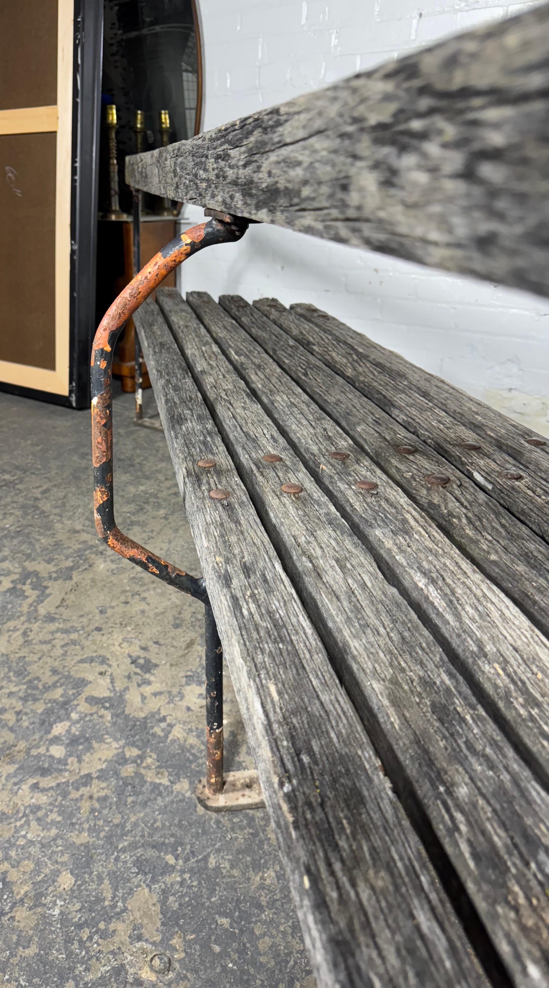 Outstanding  American Art Deco / Machine Age Oak and Iron oUTDOOR Bench 7