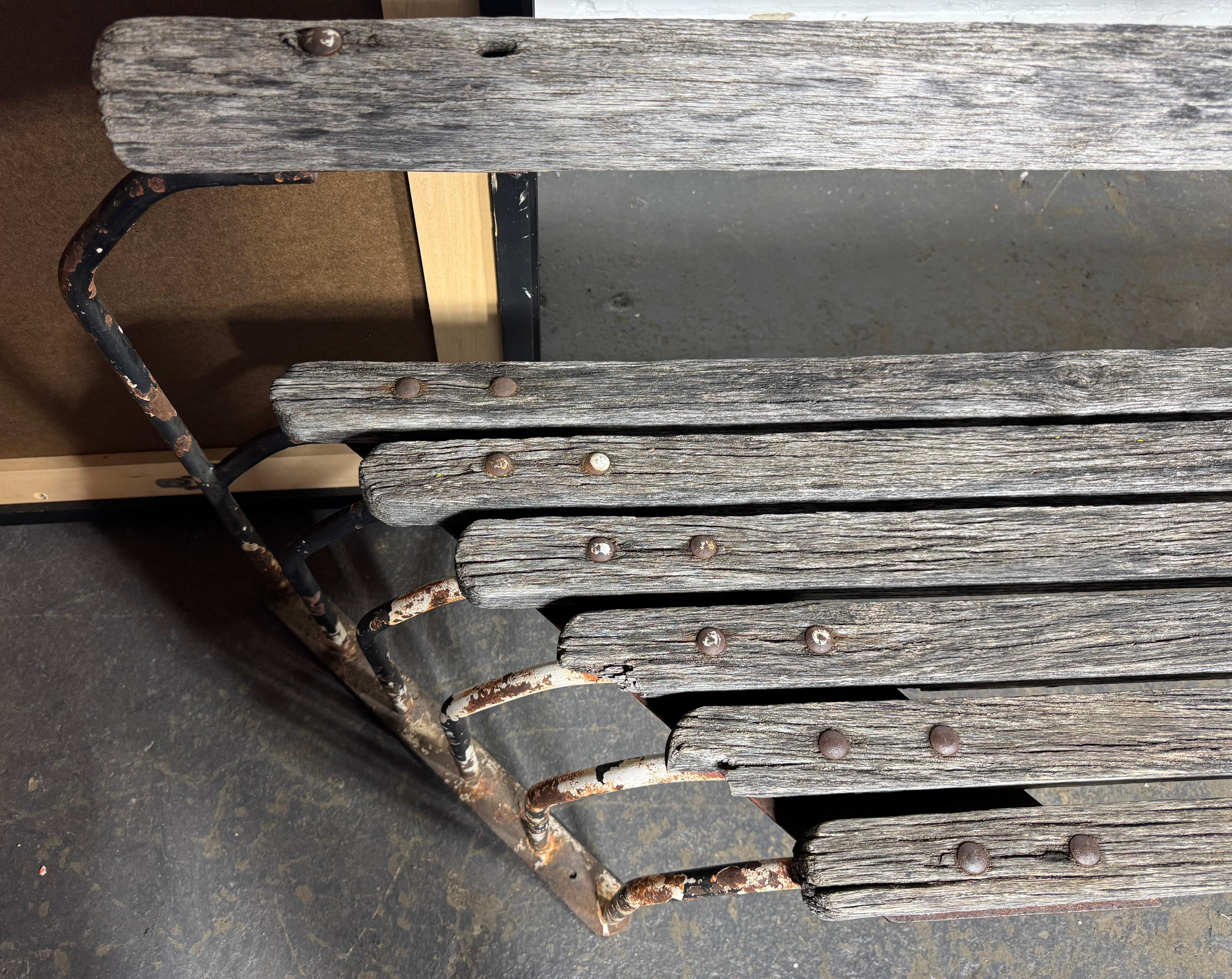 Outstanding  American Art Deco / Machine Age Oak and Iron oUTDOOR Bench 8