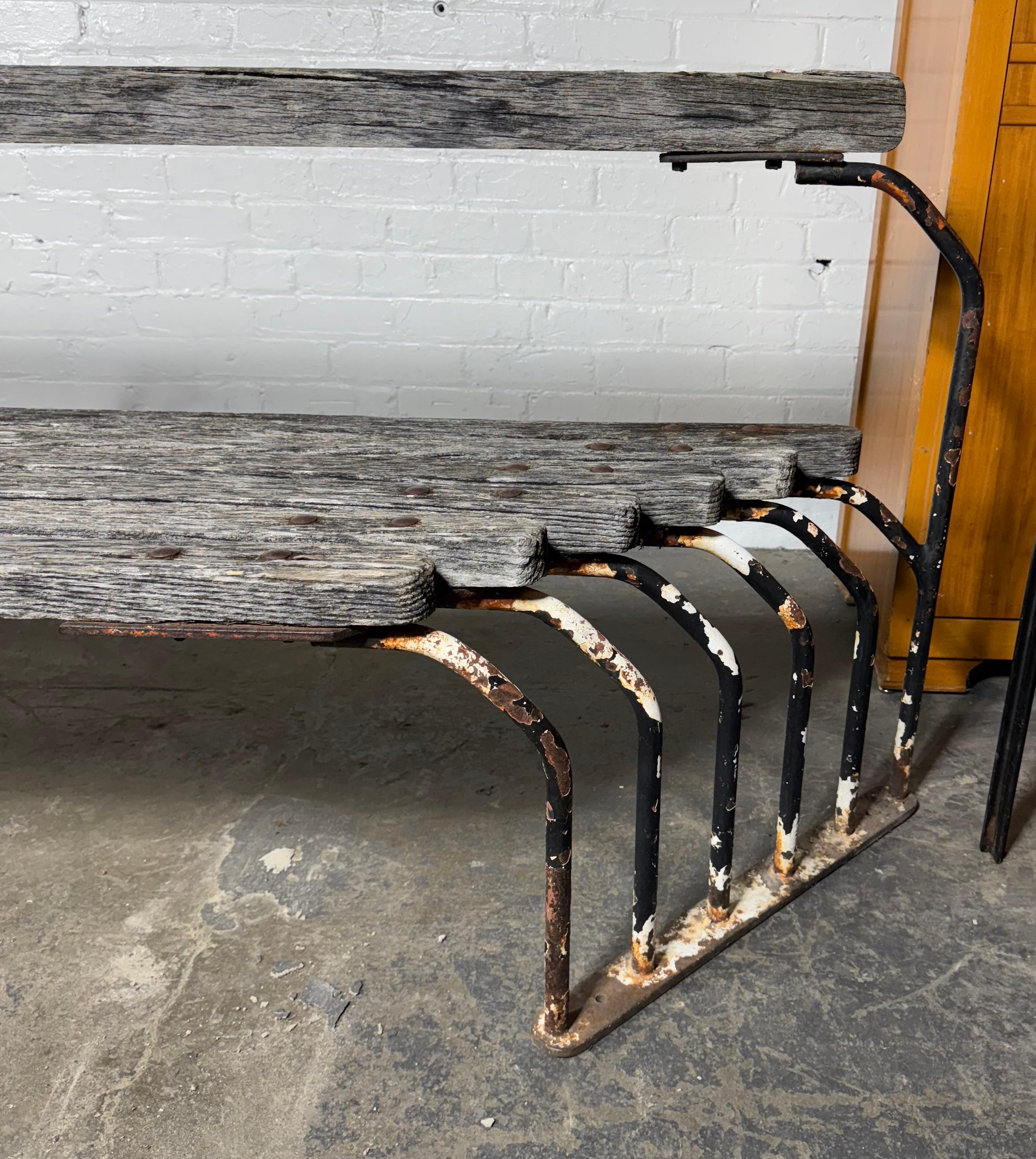 Outstanding  American Art Deco / Machine Age Oak and Iron oUTDOOR Bench 10