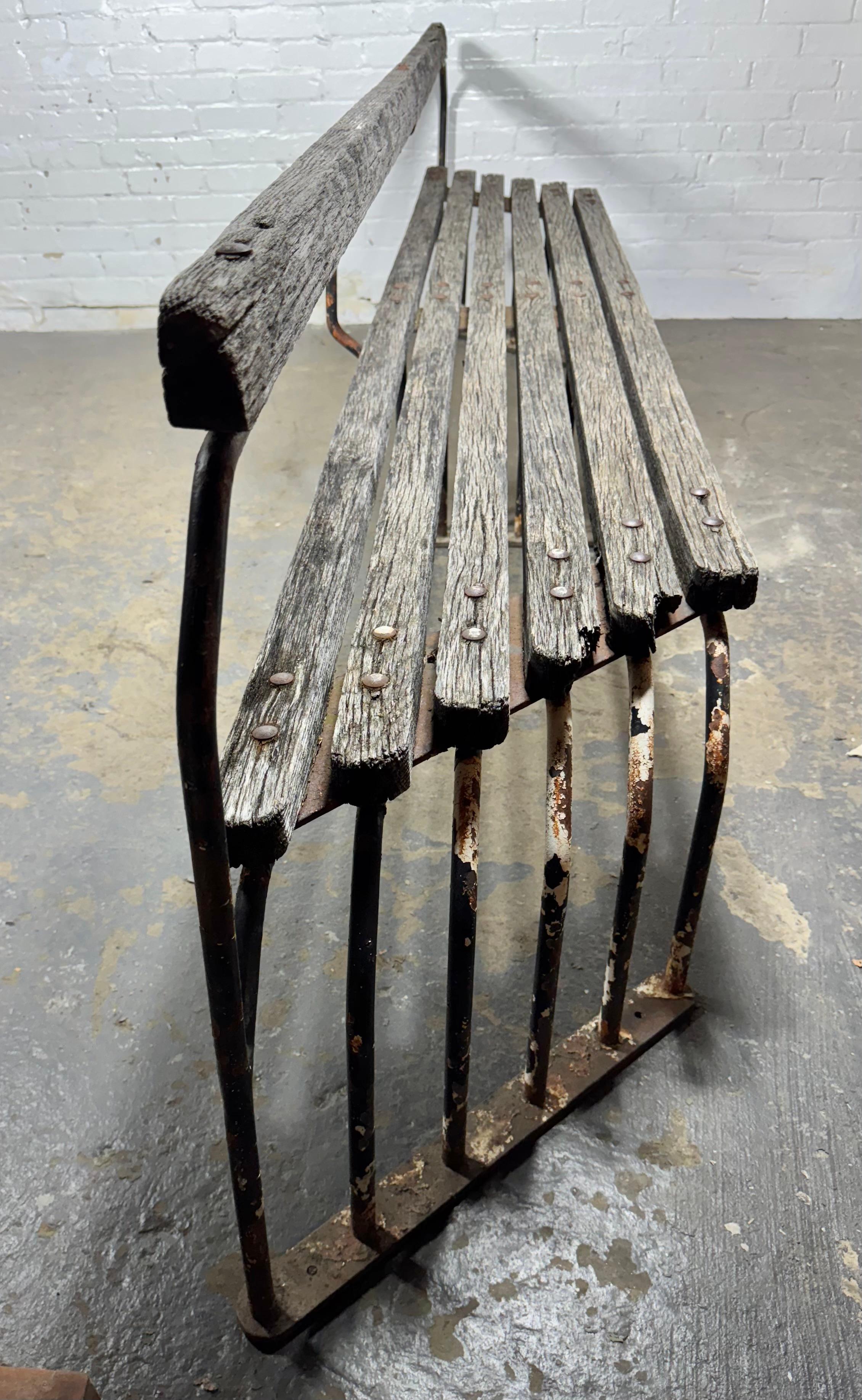 Outstanding  American Art Deco / Machine Age Oak and Iron oUTDOOR / Inndoor Bench,, Truly Amazing design, !!Reminiscent of Classic art Deco designs by Kem Weber, Donald Deskey. Gilbert Rohde,etc. Can NOT find another example anywhere,, Superior