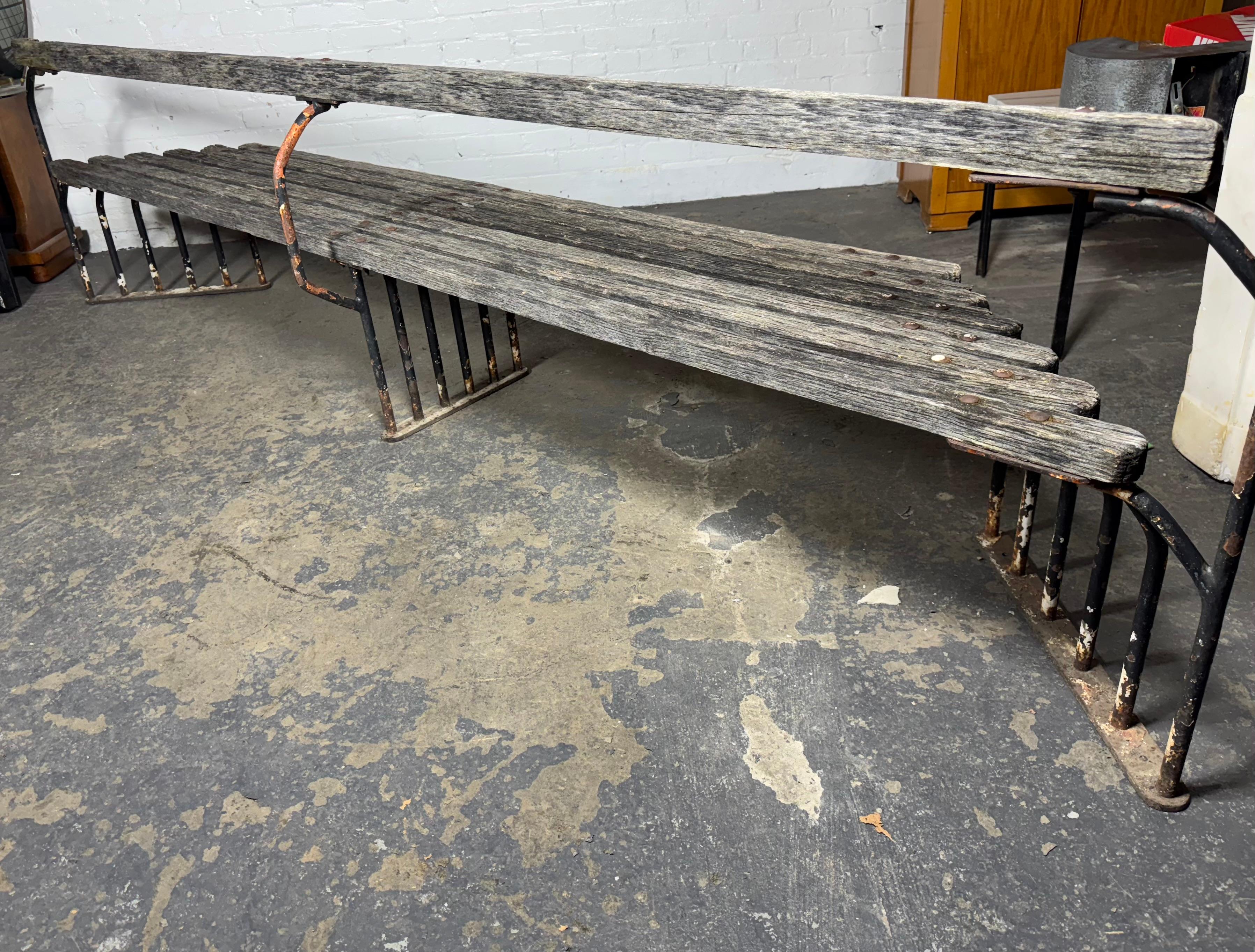 Outstanding  American Art Deco / Machine Age Oak and Iron oUTDOOR Bench In Distressed Condition In Buffalo, NY