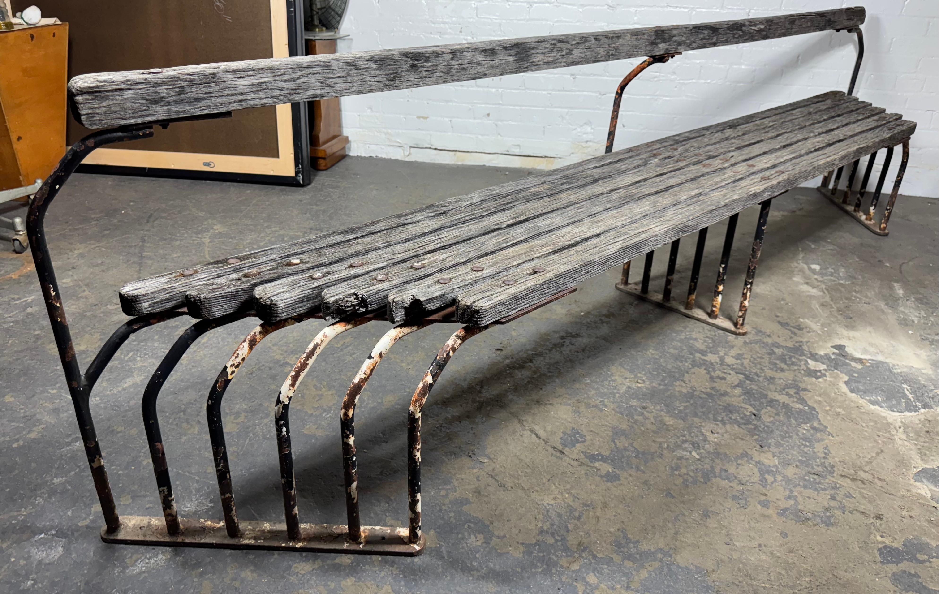 Mid-20th Century Outstanding  American Art Deco / Machine Age Oak and Iron oUTDOOR Bench