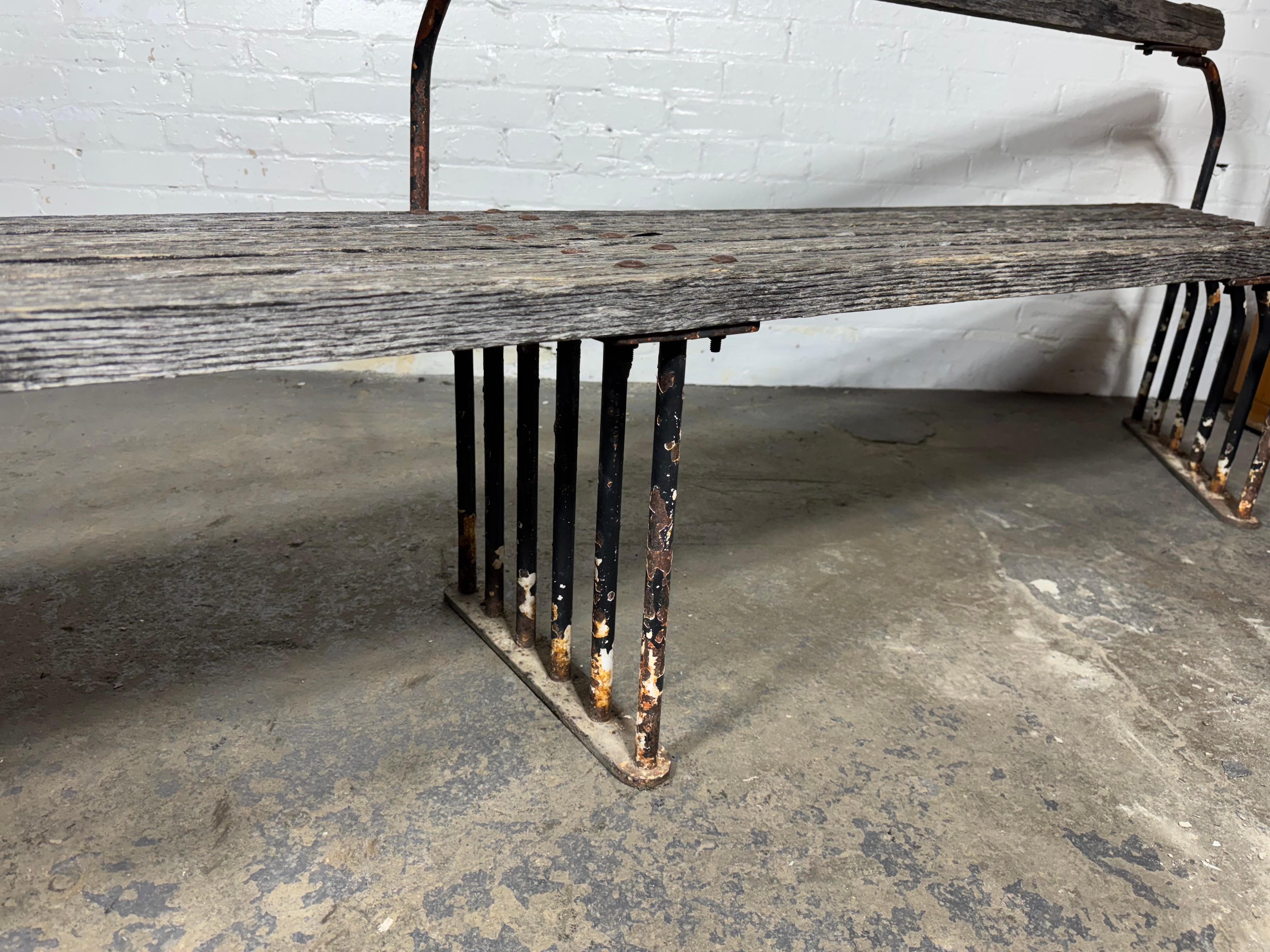 Steel Outstanding  American Art Deco / Machine Age Oak and Iron oUTDOOR Bench