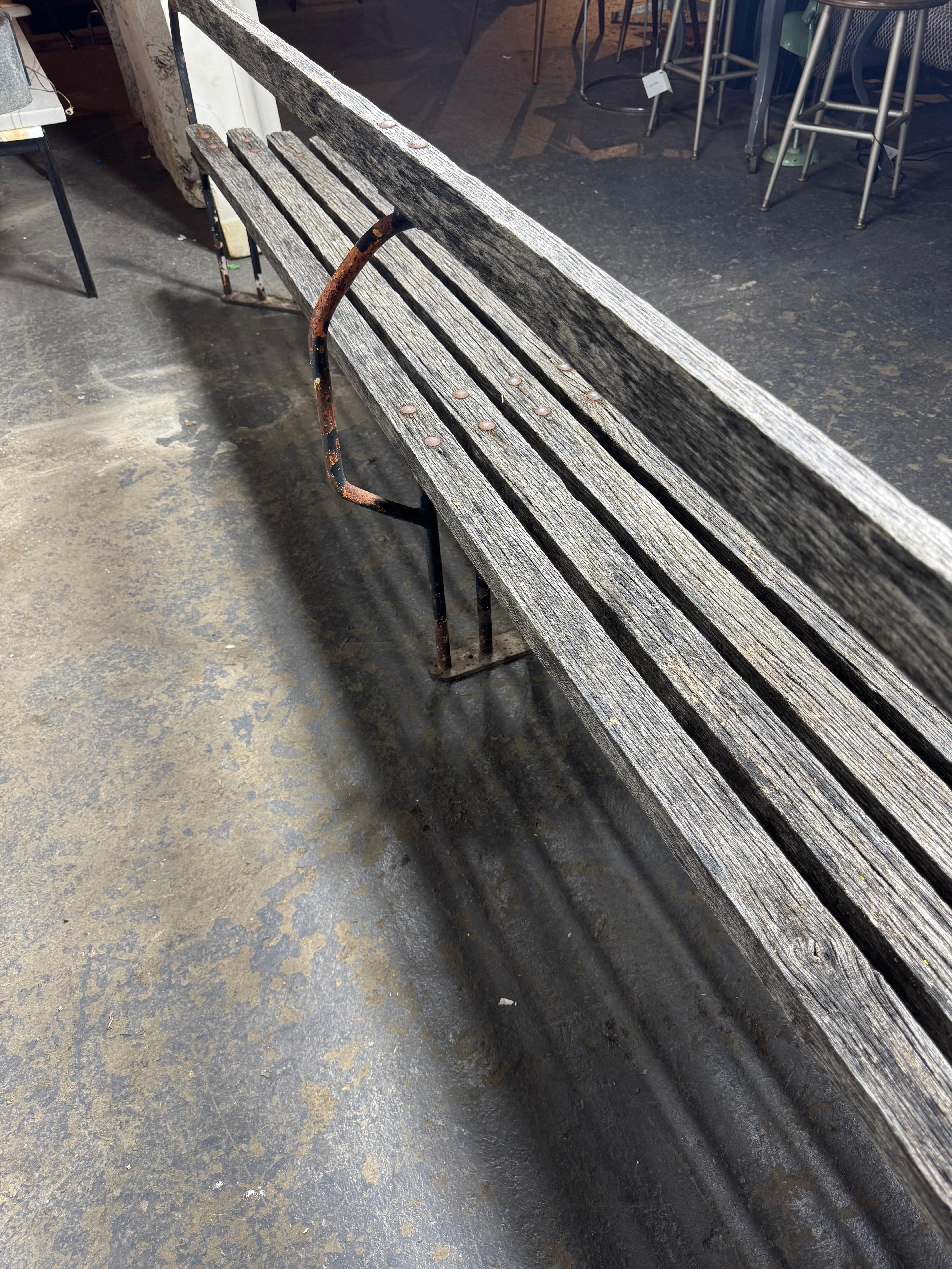 Outstanding  American Art Deco / Machine Age Oak and Iron oUTDOOR Bench 2