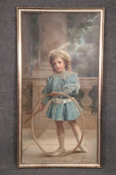 Outstanding Signed Antique 19th Century oil Painting of a Boy Playing with Hoop