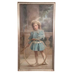 Outstanding Signed Antique 19th Century oil Painting of a Boy Playing with Hoop